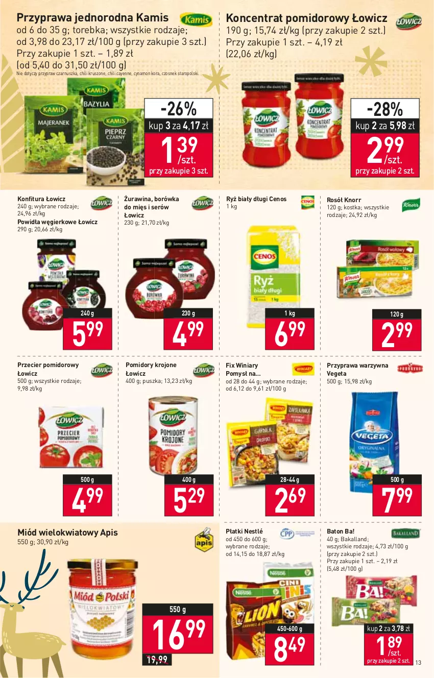 Gazetka promocyjna Stokrotka - Supermarket - ważna 17.11 do 23.11.2022 - strona 13 - produkty: Ba!, Bakalland, Baton, Borówka, Cenos, Czosnek, Kamis, Knorr, Koncentrat pomidorowy, Konfitura, Miód, Nestlé, Pomidory, Pomidory krojone, Rosół, Ryż, Ryż biały, Ser, Torebka, Vegeta, Winiary