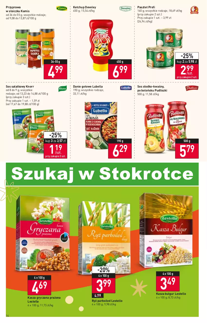 Gazetka promocyjna Stokrotka - Supermarket - ważna 17.11 do 23.11.2022 - strona 14 - produkty: Bell, Bella, Bulgur, Danie gotowe, Gry, Kamis, Kasza, Kasza gryczana, Ketchup, Knorr, LG, Lubella, Pasztet, Pudliszki, Ryż, Ryż parboiled, Sałat, Sos