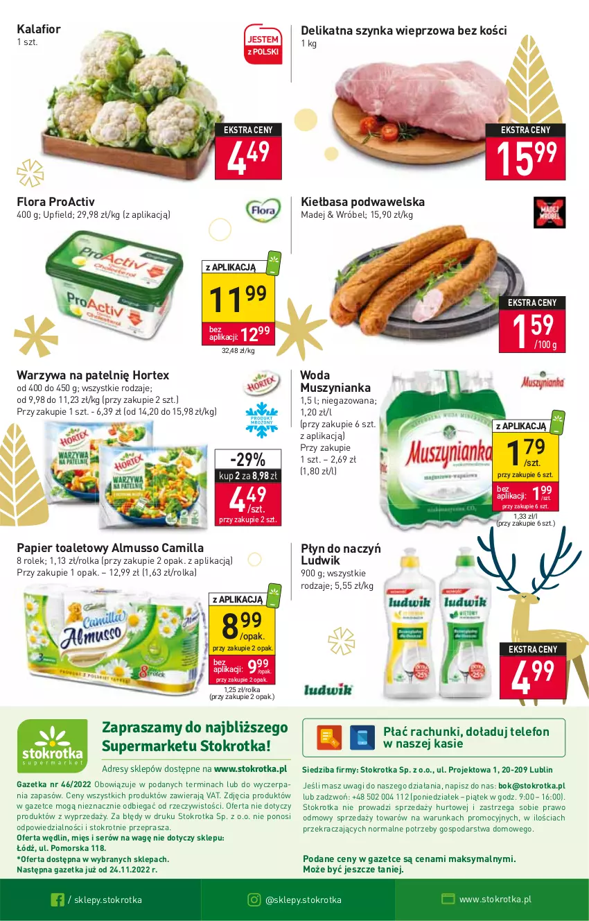 Gazetka promocyjna Stokrotka - Supermarket - ważna 17.11 do 23.11.2022 - strona 20 - produkty: Flora, Hortex, Kalafior, Kiełbasa, Kiełbasa podwawelska, Ludwik, Mus, Muszynianka, O nas, Papier, Papier toaletowy, Ser, Szynka, Szynka wieprzowa, Telefon, Wagi, Warzywa, Wawel, Woda