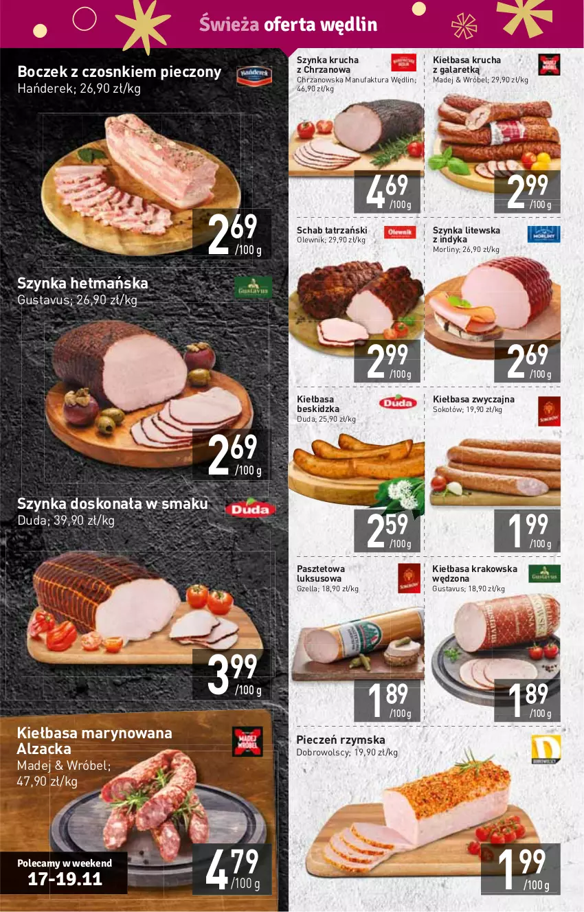 Gazetka promocyjna Stokrotka - Supermarket - ważna 17.11 do 23.11.2022 - strona 4 - produkty: Boczek, Chrzan, Duda, Fa, Gala, HP, Kiełbasa, Kiełbasa krakowska, Kiełbasa krucha, Morliny, Olewnik, Pasztet, Piec, Pieczeń rzymska, Sok, Sokołów, Szynka