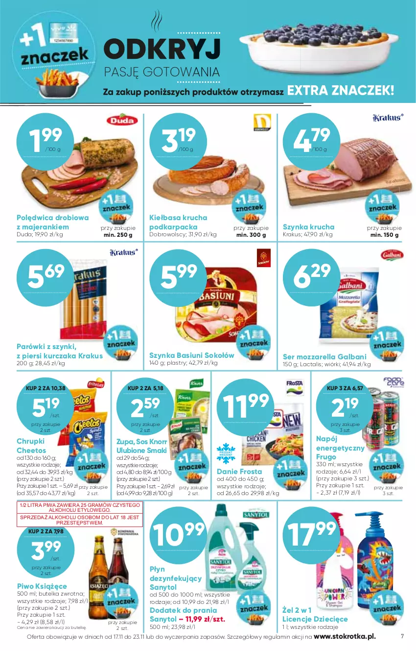 Gazetka promocyjna Stokrotka - Supermarket - ważna 17.11 do 23.11.2022 - strona 7 - produkty: Cheetos, Chrupki, Duda, Dzieci, Frosta, Galbani, Gra, Karp, Kiełbasa, Kiełbasa krucha, Knorr, Krakus, Książęce, Kurczak, Mozzarella, Napój, Napój energetyczny, Parówki, Parówki z szynki, Piwa, Piwo, Polędwica, Sanytol, Ser, Sok, Sokołów, Sos, Szynka, Zupa