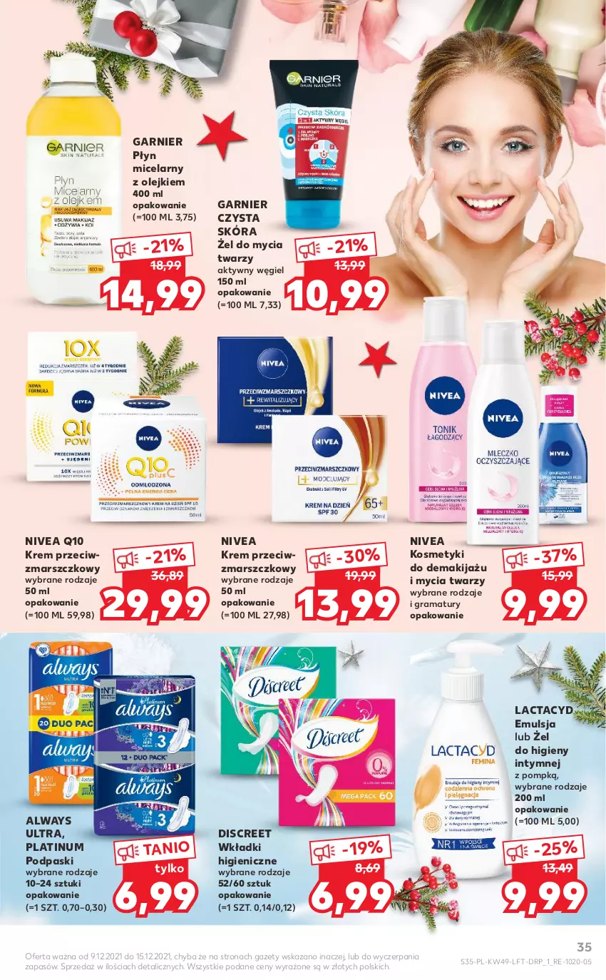 Gazetka promocyjna Kaufland - OFERTA TYGODNIA - ważna 09.12 do 15.12.2021 - strona 35 - produkty: Always, Always Ultra, Discreet, Emulsja, Garnier, Gra, Krem przeciwzmarszczkowy, Lactacyd, Makijaż, Mars, Nivea, Nivea Q10, Olej, Płyn micelarny, Podpaski, Rama, Wkładki