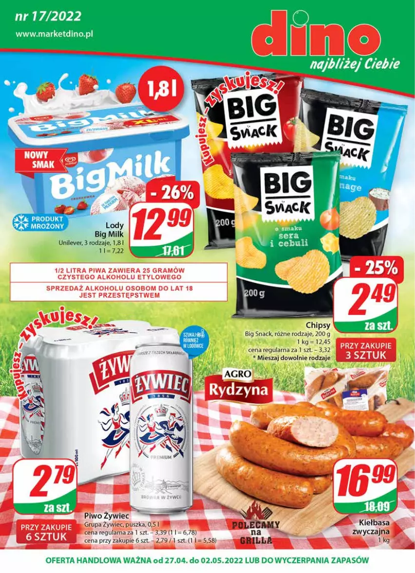 Gazetka promocyjna Dino - Gazetka - ważna 27.04 do 02.05.2022 - strona 1 - produkty: Big Milk, Gra, Grill, Kiełbasa, Piwa, Piwo