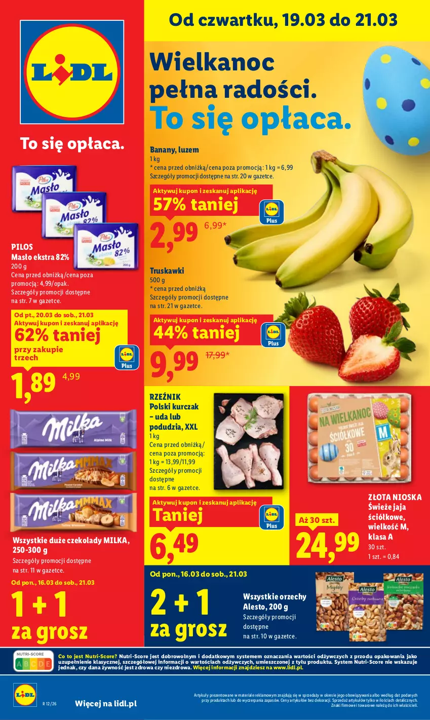 Gazetka promocyjna Lidl - GAZETKA - ważna 19.03 do 21.03.2026 - strona 1 - produkty: Banany, Jaja, Kurczak, Masło, Milka, Pilos, Truskawki