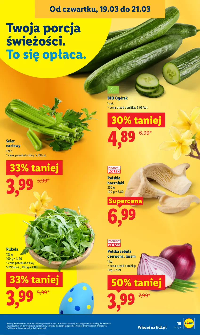Gazetka promocyjna Lidl - GAZETKA - ważna 19.03 do 21.03.2026 - strona 19 - produkty: Boczniak, Cebula, Cebula czerwona, Ogórek, Por, Rukola, Seler naciowy