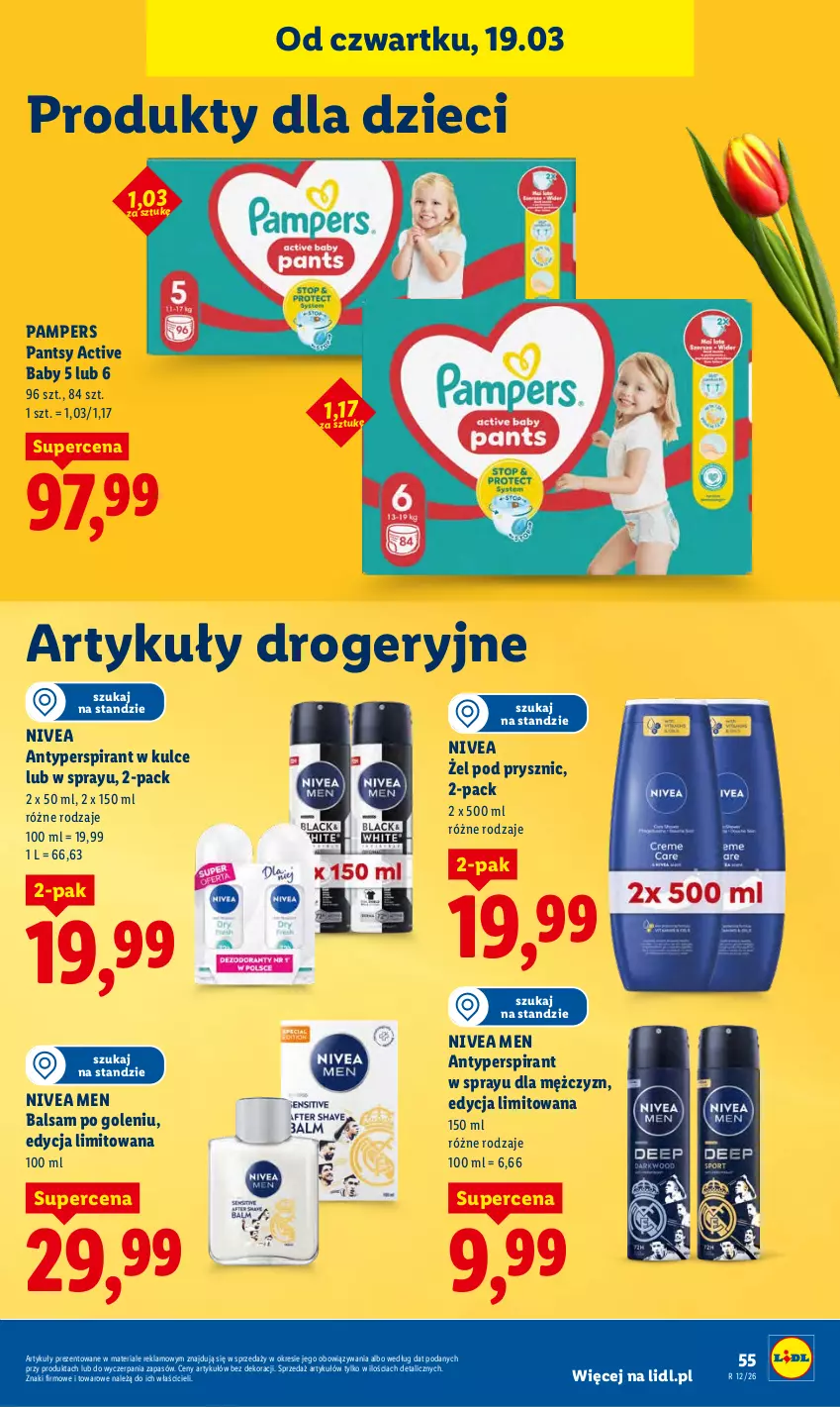 Gazetka promocyjna Lidl - GAZETKA - ważna 19.03 do 21.03.2026 - strona 55 - produkty: Antyperspirant, Balsam po goleniu, Dzieci, Nivea, Nivea Men, Pampers