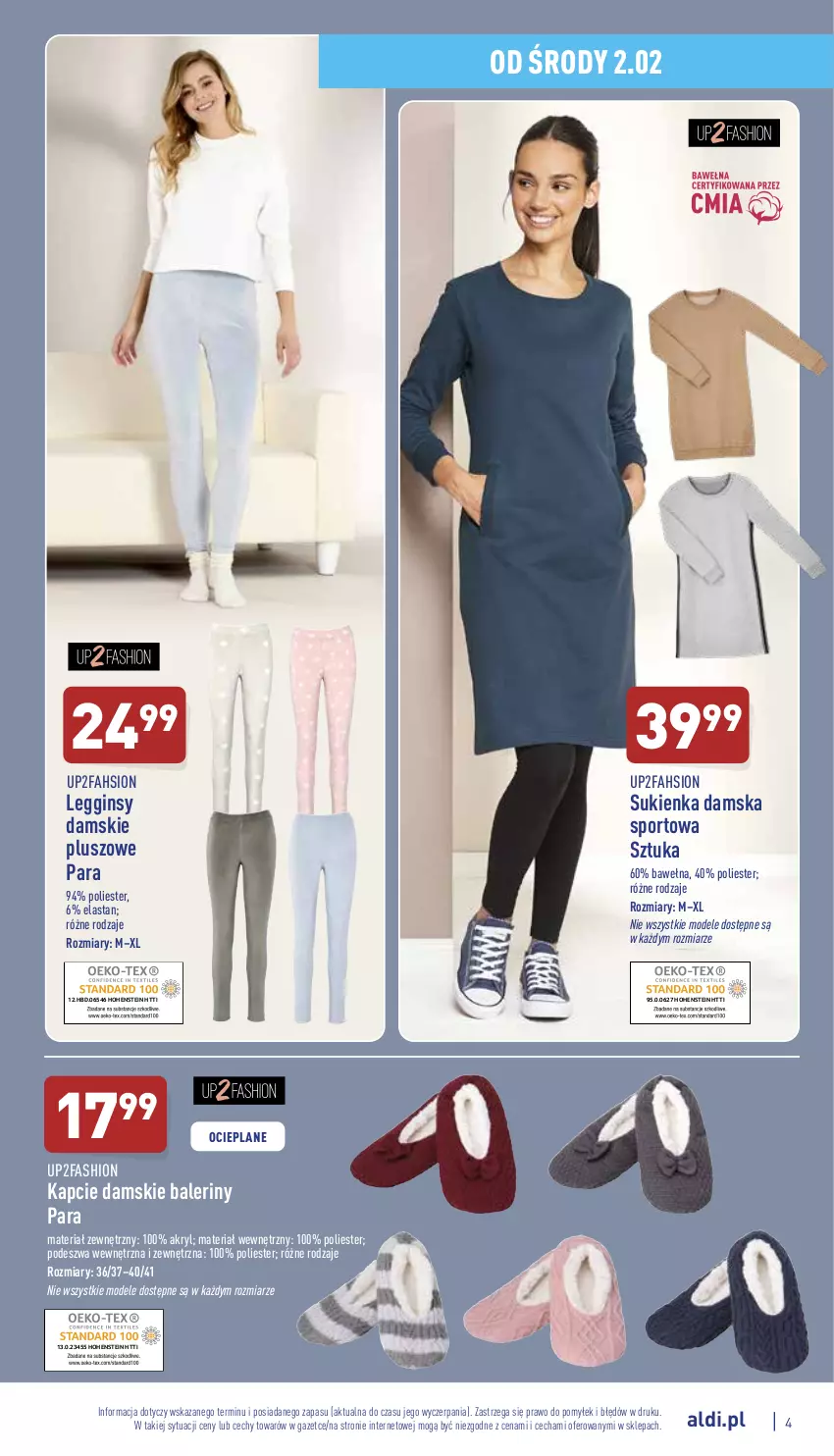 Gazetka promocyjna Aldi - Katalog Moda i Dom - ważna 02.02 do 06.02.2022 - strona 4 - produkty: Baleriny, Fa, Gin, Kapcie, Legginsy, Por, Sport, Sukienka, Wełna