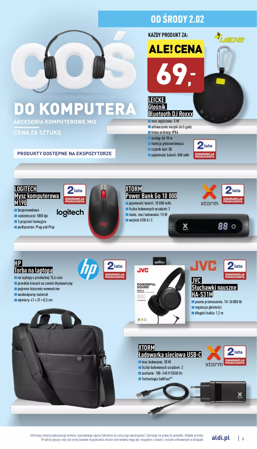 Gazetka promocyjna Aldi - Katalog Moda i Dom - ważna 02.02 do 06.02.2022 - strona 6 - produkty: Fa, Głośnik, Głośnik bluetooth, HP, JVC, Komputer, Logitech, Mysz, Por, Silan, Słuchawki, Tera, Top, Torba, Torba na laptopa, Warka