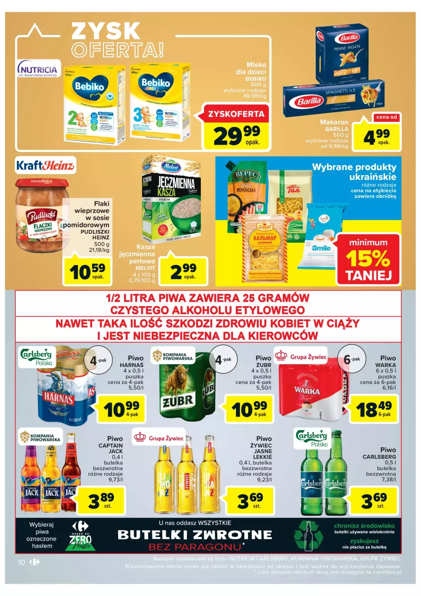 Gazetka promocyjna Carrefour - Gazetka Szalona 5 Market Łomża - ważna 16.08 do 28.08.2022 - strona 10 - produkty: Bebiko, Carlsberg, Flaki, Gra, Harnaś, Lion, Penne, Piec, Piwa, Piwo, Pudliszki, Sos, Warka