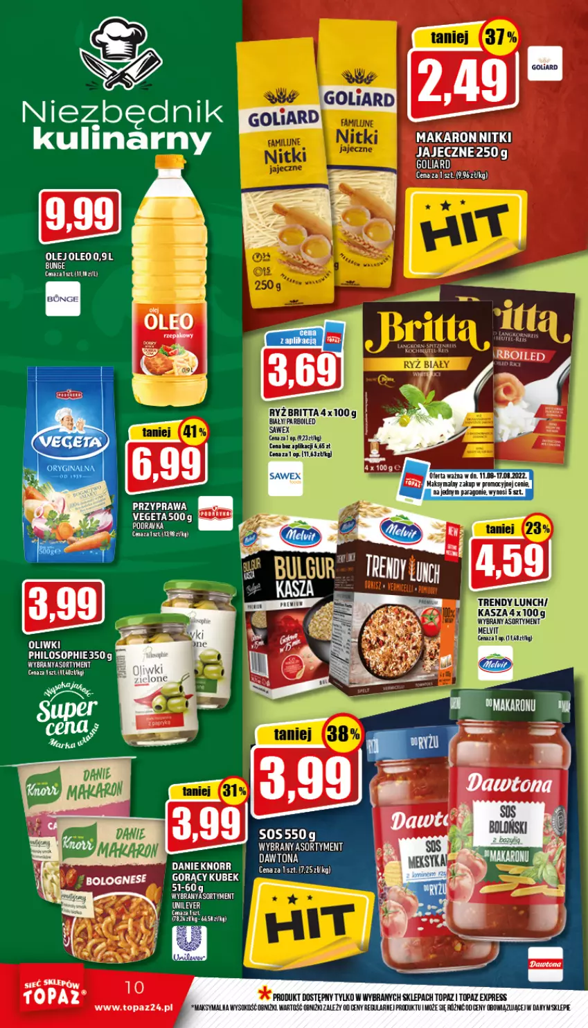 Gazetka promocyjna Topaz - Gazetka - ważna 11.08 do 17.08.2022 - strona 10 - produkty: Dawtona, Knorr, Kubek, Lalka, Makaron, Olej, Oleo, Sok, Top, Vegeta