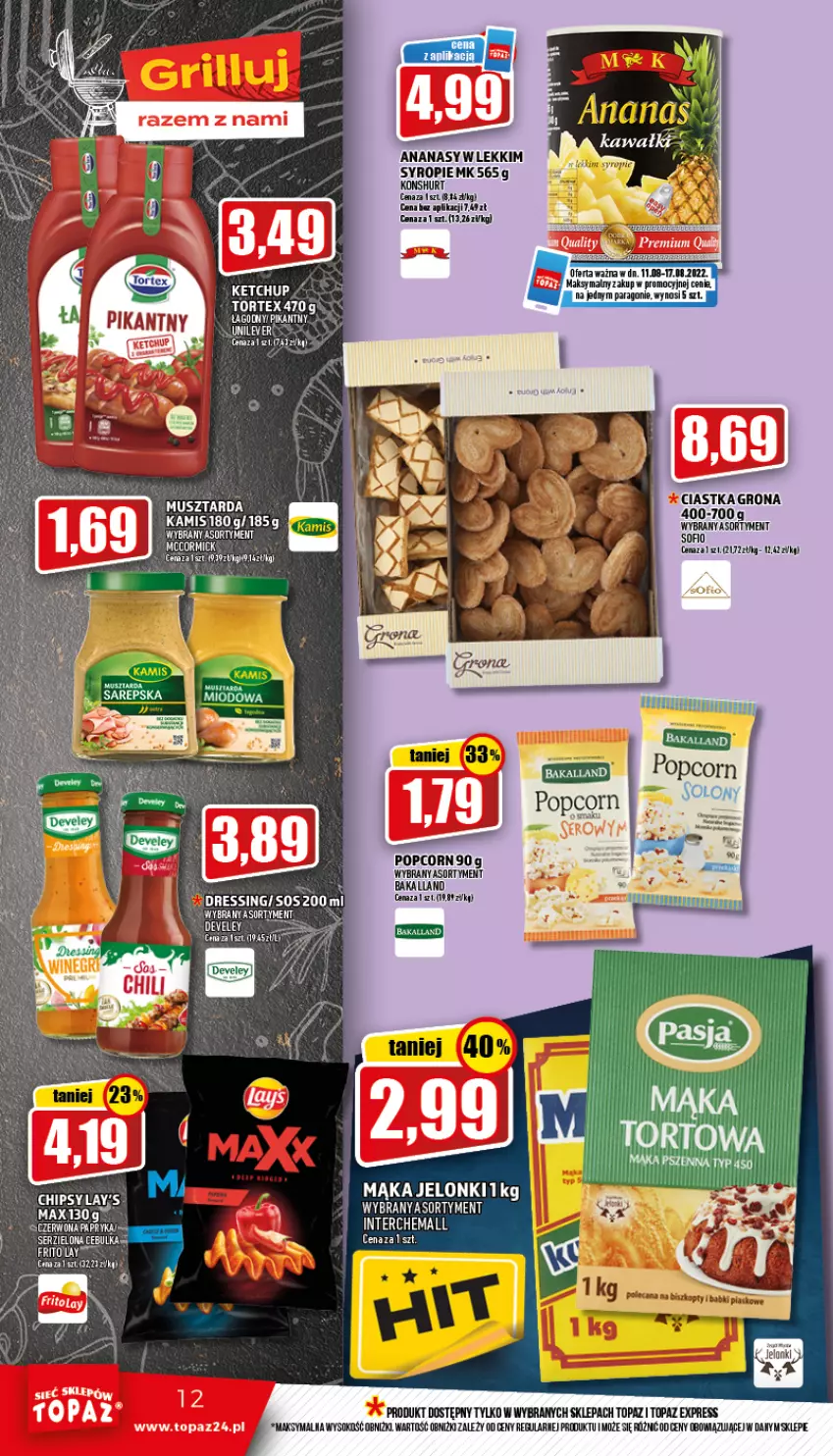 Gazetka promocyjna Topaz - Gazetka - ważna 11.08 do 17.08.2022 - strona 12 - produkty: Ananas, Bakalland, Kamis, Mus, Musztarda, Popcorn, Ser, Sok, Syrop, Top, Wanna