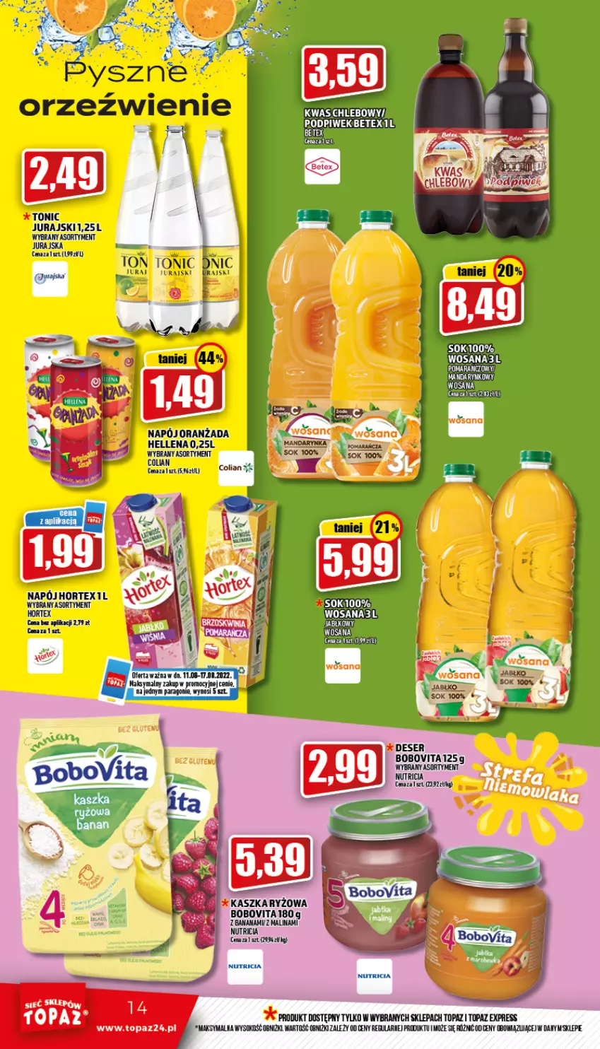 Gazetka promocyjna Topaz - Gazetka - ważna 11.08 do 17.08.2022 - strona 14 - produkty: BIC, BoboVita, Hellena, Hortex, Napój, Oranżada, Ryż, Sok, Top