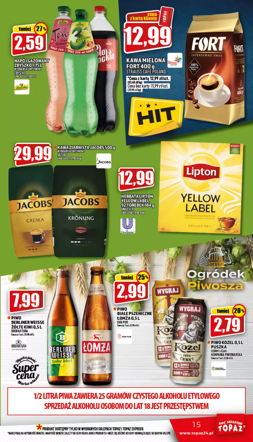 Gazetka promocyjna Topaz - Gazetka - ważna 11.08 do 17.08.2022 - strona 15 - produkty: Fa, Gra, Jacobs, Kiwi, Kozel, Lipton, Piwa, Piwo, Pur, Sok, Top