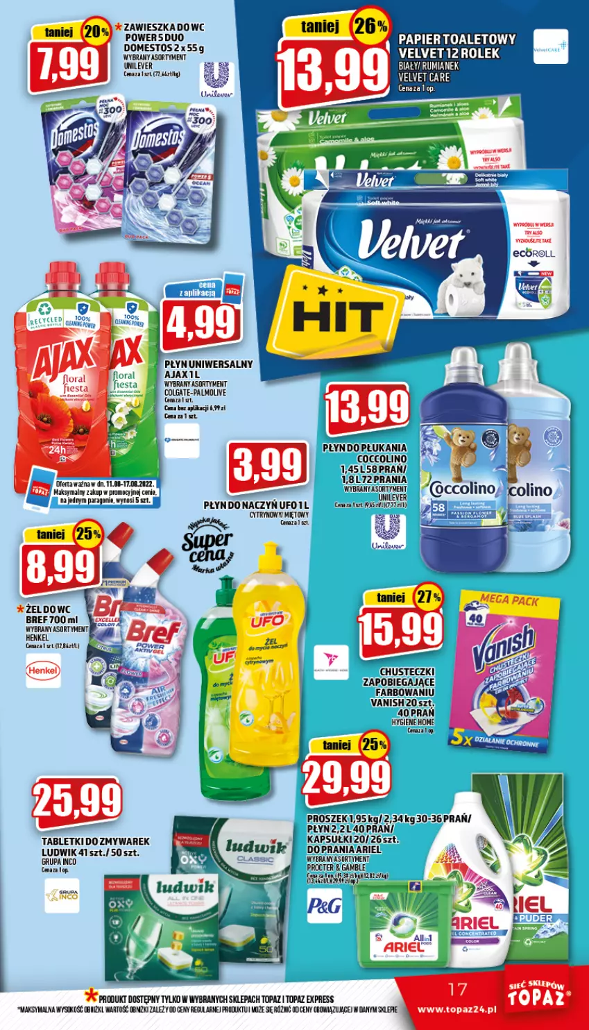 Gazetka promocyjna Topaz - Gazetka - ważna 11.08 do 17.08.2022 - strona 17 - produkty: Ajax, Bref, Chusteczki, Coccolino, Colgate, Fa, LG, Ludwik, Palmolive, Papier, Płyn do płukania, Sok, Tablet, Top, Vanish, Velvet