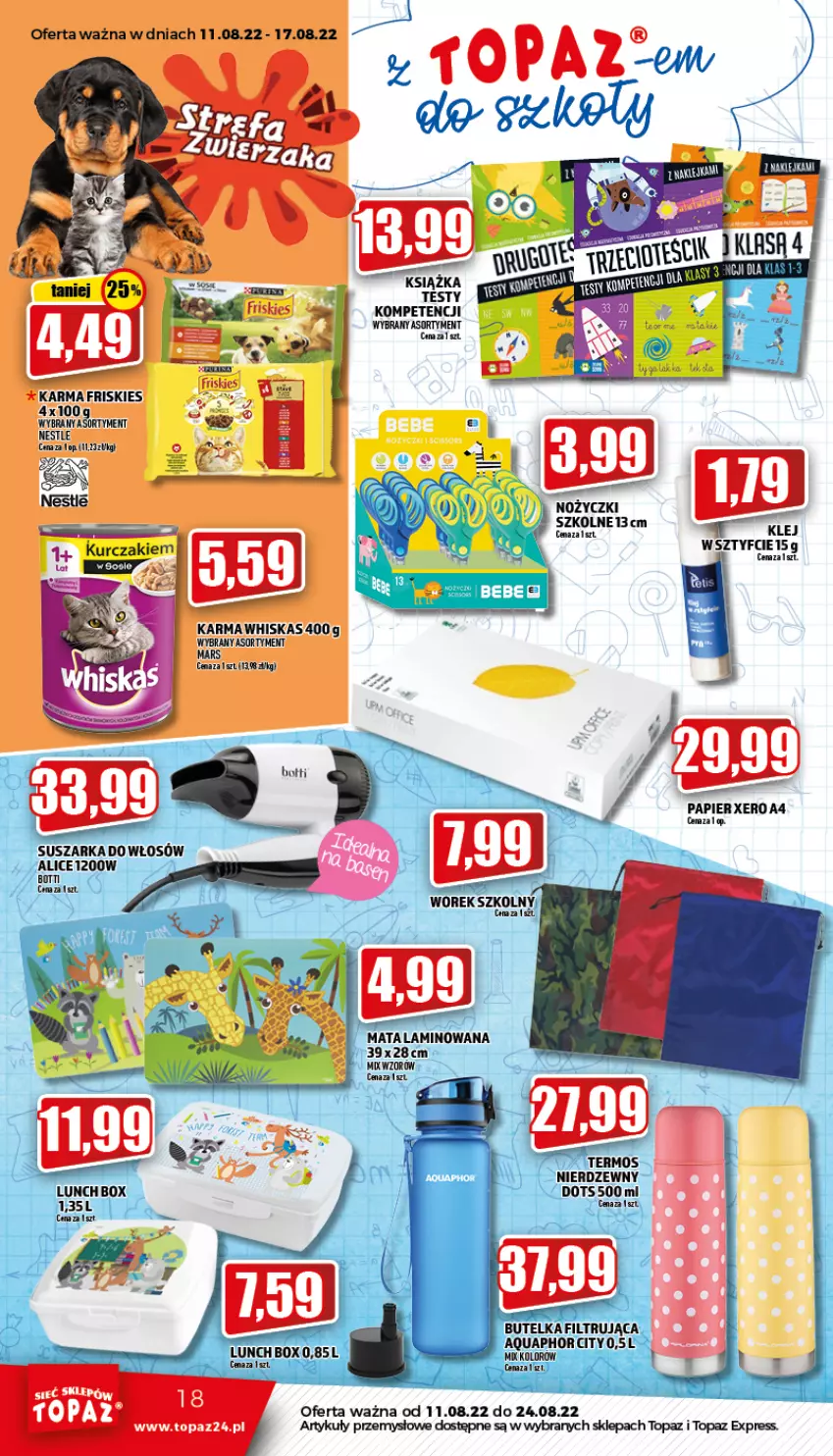 Gazetka promocyjna Topaz - Gazetka - ważna 11.08 do 17.08.2022 - strona 18 - produkty: Aquaphor, Friskies, Książka, Lunch box, Mars, Noż, Nożyczki, Papier, Suszarka, Termos, Top, Whiskas