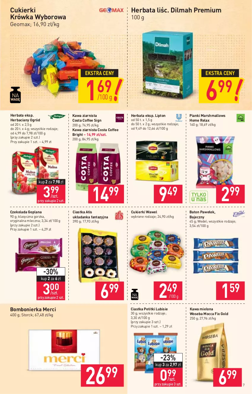 Gazetka promocyjna Stokrotka - Supermarket - ważna 06.05 do 12.05.2021 - strona 7 - produkty: Baton, Ciastka, Cukier, Cukierki, Czekolada, Dilmah, Fa, Fanta, Gin, Goplana, Herbata, Kawa, Kawa mielona, Kawa ziarnista, LANA, Lipton, Lubisie, Mars, Marshmallows, Merci, Mocca Fix Gold, Ogród, Układanka, Wawel, Woseba, Wyborowa