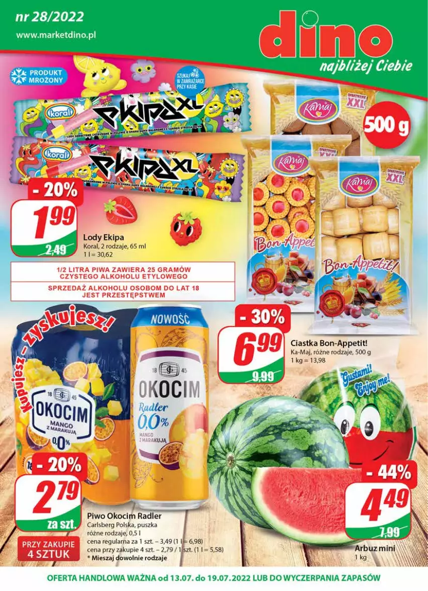 Gazetka promocyjna Dino - Gazetka - ważna 13.07 do 19.07.2022 - strona 1 - produkty: Arbuz, Carlsberg, Ciastka, JBL, Koc, Lody, Okocim, Piwo, Radler