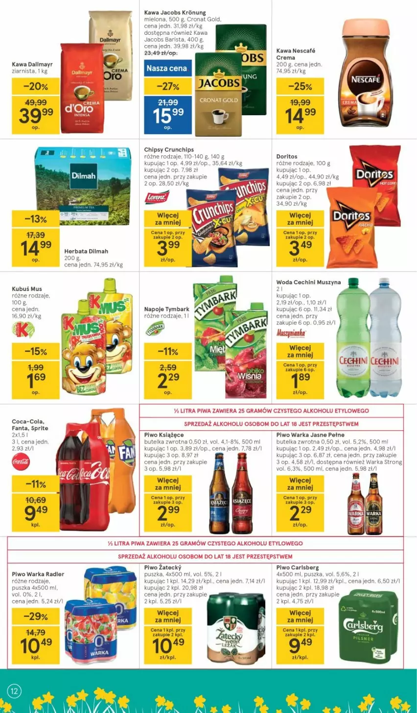 Gazetka promocyjna Tesco - Tesco gazetka - przyszły tydzień - ważna 18.03 do 24.03.2021 - strona 12 - produkty: Carlsberg, Chipsy, Coca-Cola, Crunchips, Dilmah, Fa, Fanta, Gra, Jacobs, Kawa, Książęce, Kubuś, Mus, Napoje, Piwa, Piwo, Radler, Sprite, Szyna, Top, Tymbark, Warka, Woda