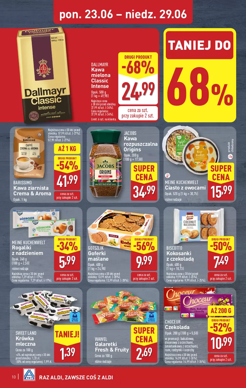 Gazetka promocyjna Aldi - Pełna oferta - ważna 23.06 do 29.06.2025 - strona 10 - produkty: Czekolada, Dallmayr, Deser, Gala, Galaretki, Gin, Jacobs, Kawa, Kawa mielona, Kawa rozpuszczalna, Kawa ziarnista, Kokos, Rodzynki, Rogal, Rum, Sanki, Ser, Wawel