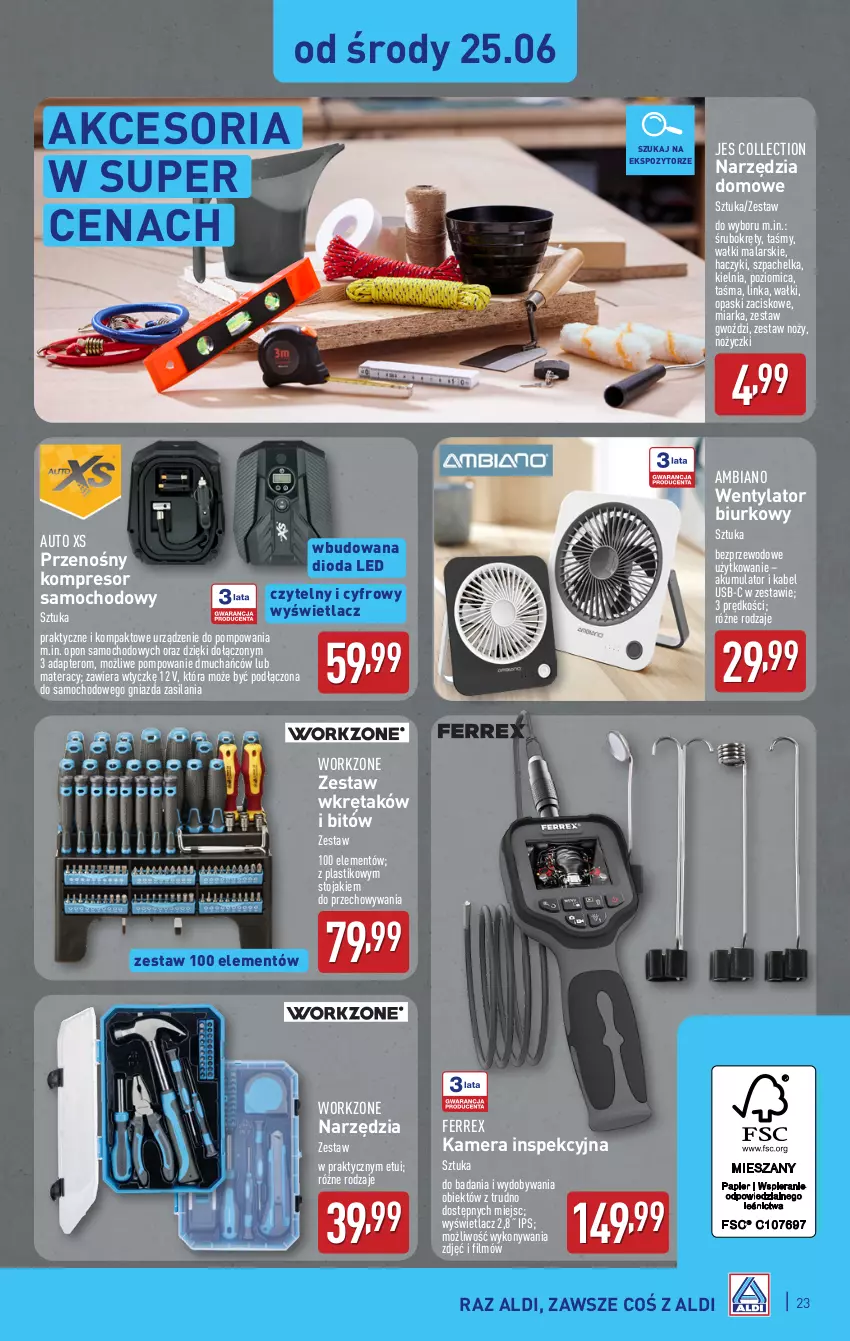 Gazetka promocyjna Aldi - Pełna oferta - ważna 23.06 do 29.06.2025 - strona 23 - produkty: Akumulator, Biurko, Haczyk, Inka, Kabel USB, Kamera, Kompresor, Materac, Miarka, Noż, Nożyczki, Poziomica, Silan, Stojak, Tera, Wkręt, Zestaw wkrętaków