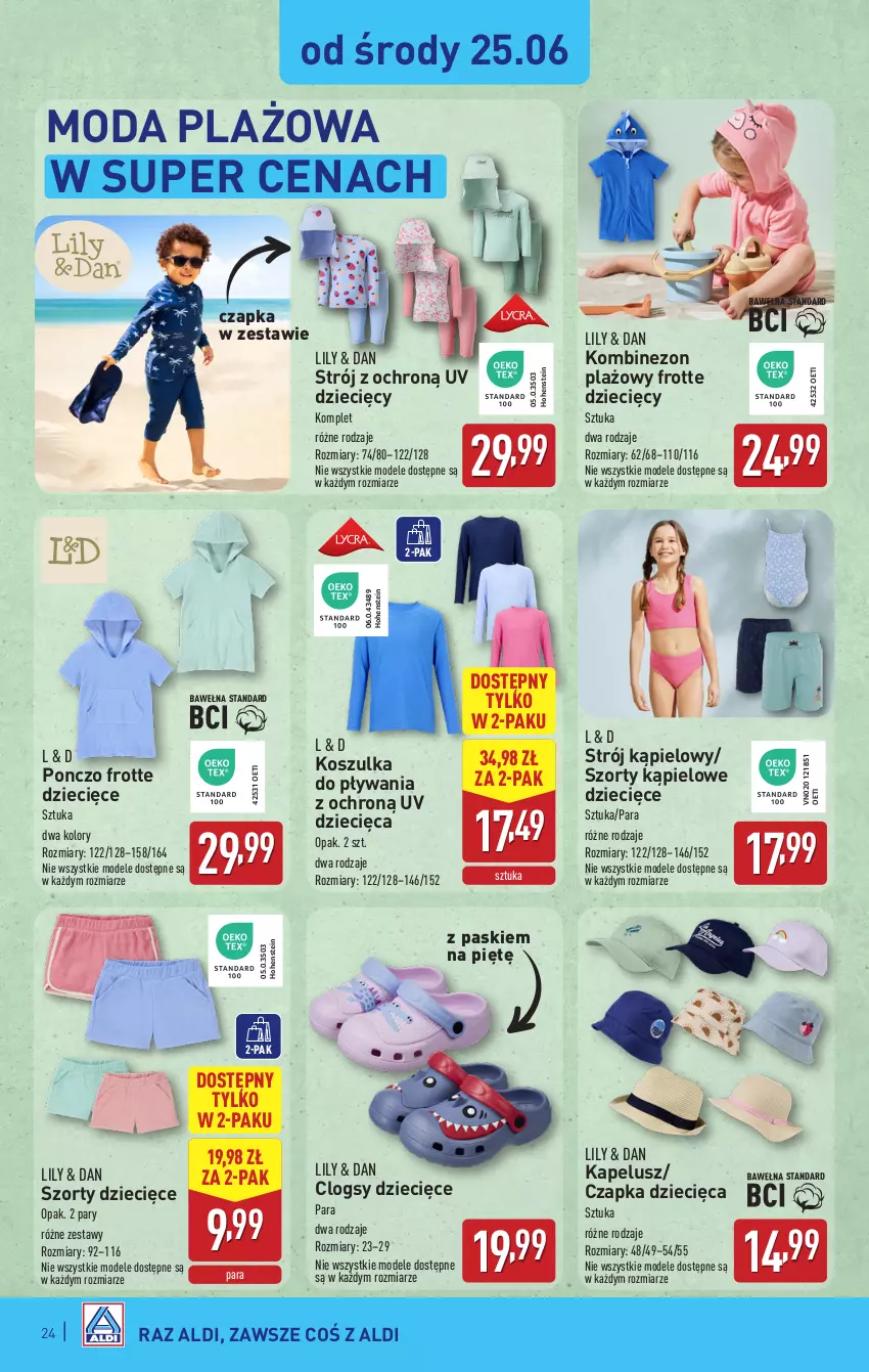 Gazetka promocyjna Aldi - Pełna oferta - ważna 23.06 do 29.06.2025 - strona 24 - produkty: Clogsy, Czapka, Dzieci, Kombinezon, Kosz, Koszulka, Moda, Ponczo, Strój kąpielowy, Szorty