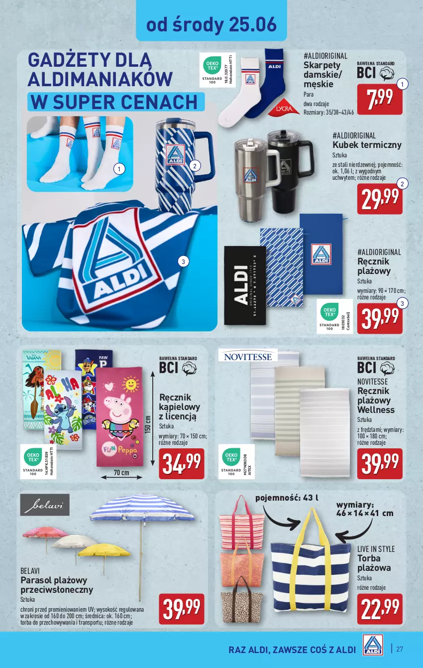Gazetka promocyjna Aldi - Pełna oferta - ważna 23.06 do 29.06.2025 - strona 27 - produkty: Dior, Gin, HP, Karp, Kubek, Kubek termiczny, Parasol, Por, Ręcznik, Ręcznik kąpielowy, Sok, Sport, Torba, Tran