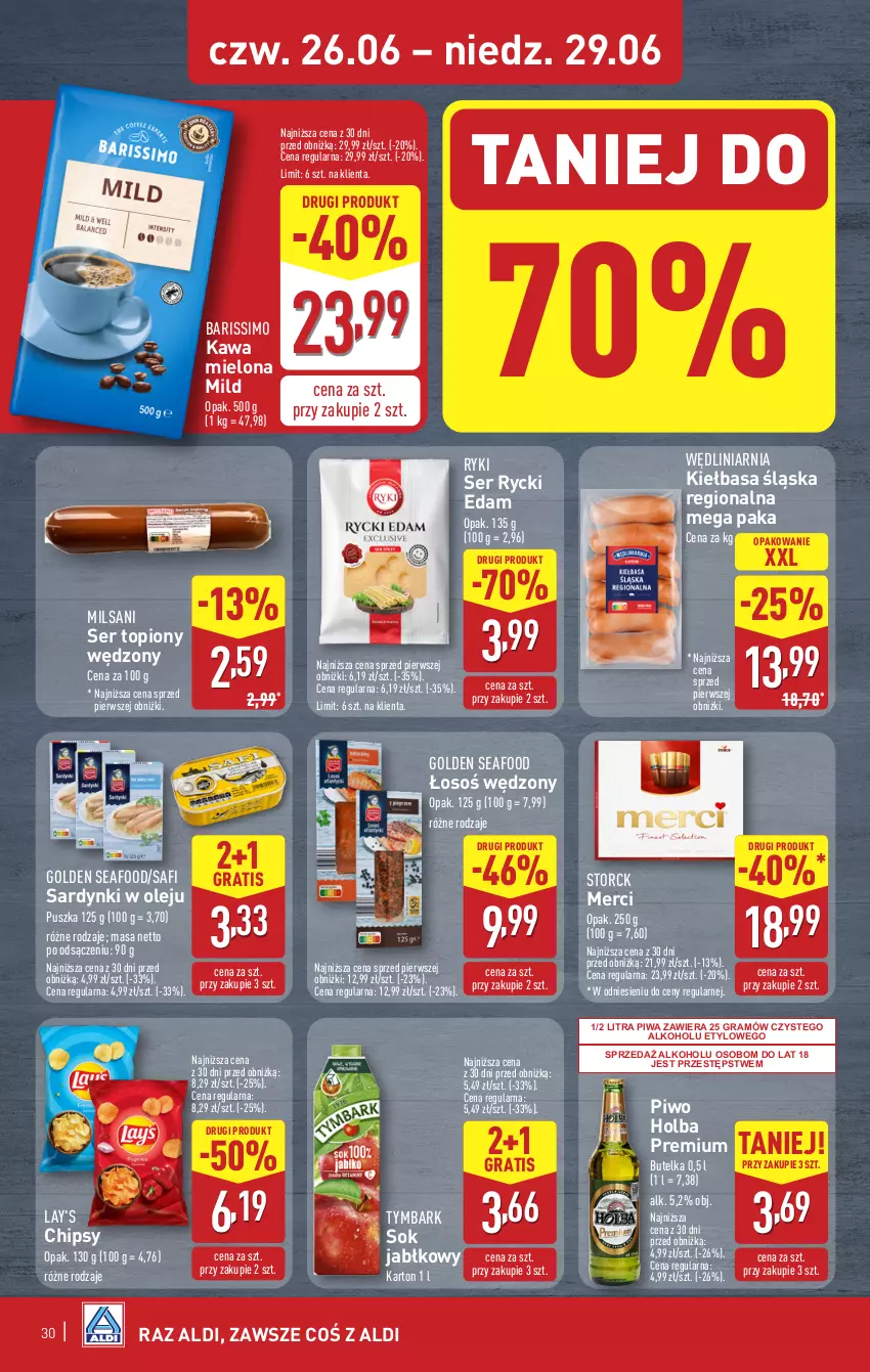 Gazetka promocyjna Aldi - Pełna oferta - ważna 23.06 do 29.06.2025 - strona 30 - produkty: Chipsy, Edam, Golden Seafood, Gra, Kawa, Kawa mielona, Kiełbasa, Kiełbasa śląska, Merci, Olej, Piwa, Piwo, Rycki Edam, Sardynki, Ser, Ser topiony, Sok, Sok jabłkowy, Top, Tymbark