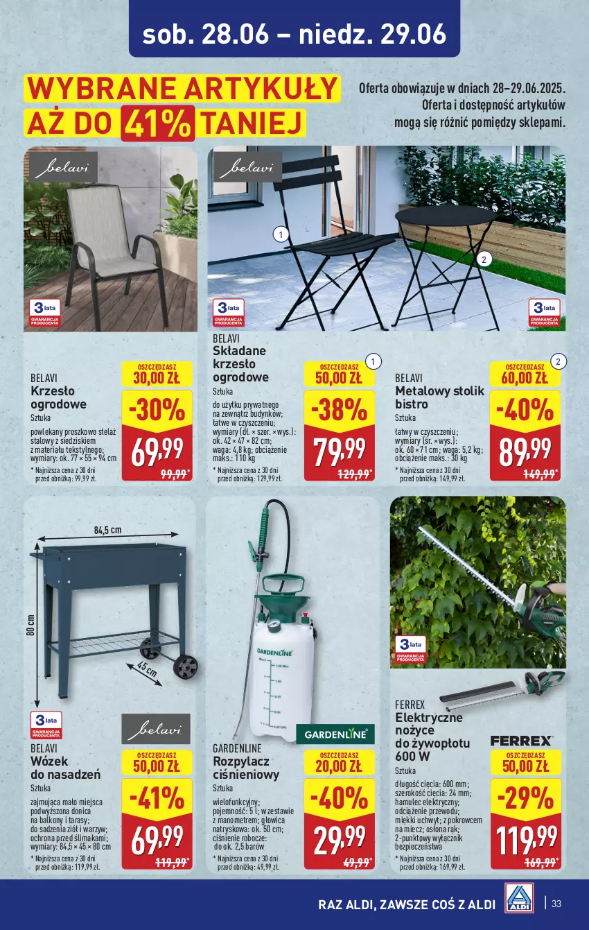 Gazetka promocyjna Aldi - Pełna oferta - ważna 23.06 do 29.06.2025 - strona 33 - produkty: Krzesło, Krzesło ogrodowe, Miecz, Mule, Noż, Nożyce, O nas, Piec, Stolik, Waga, Wózek