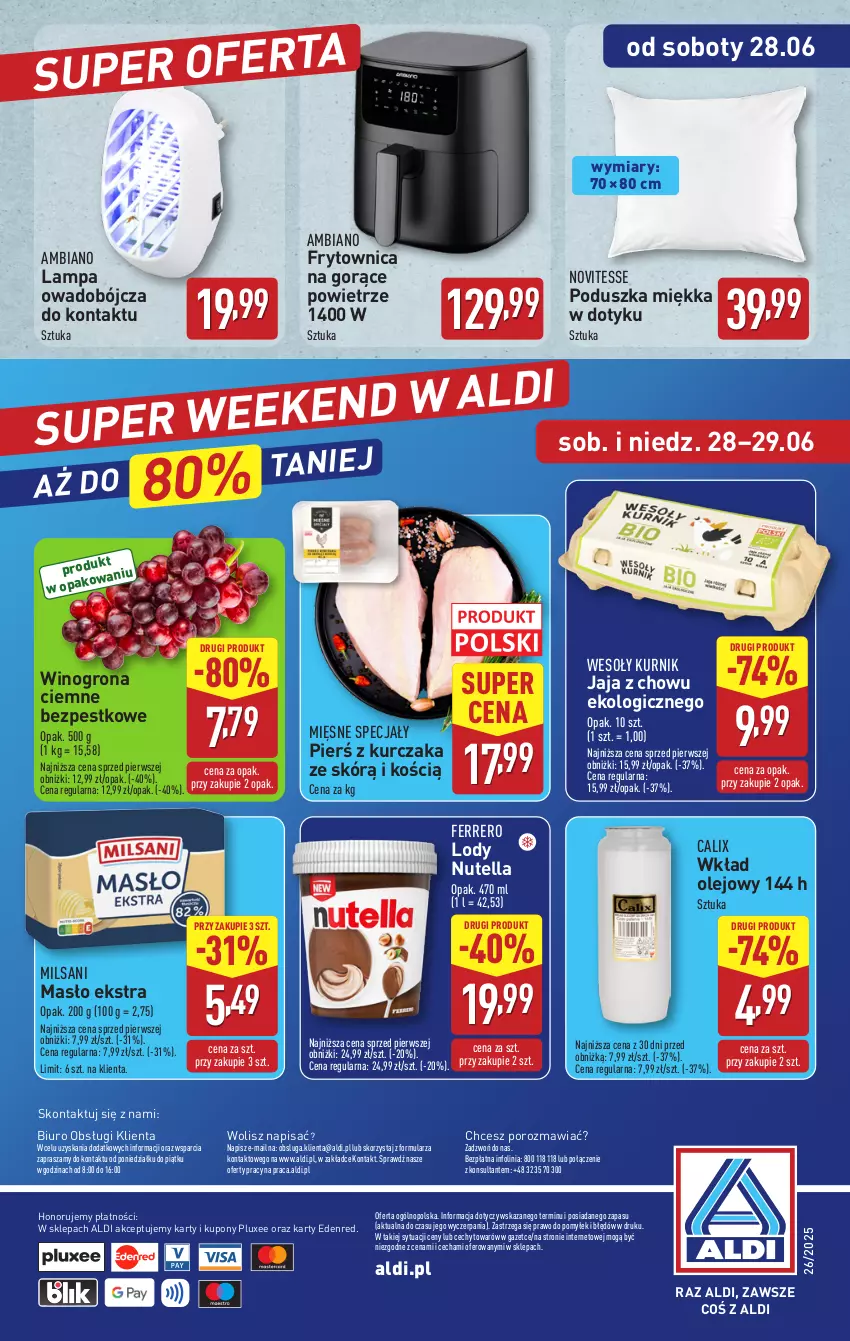 Gazetka promocyjna Aldi - Pełna oferta - ważna 23.06 do 29.06.2025 - strona 38 - produkty: Biuro, Ferrero, Jaja, Kurczak, Lampa, Lody, Masło, Mięsne specjały, Nutella, O nas, Olej, Poduszka, Por, Wino, Winogrona, Wkład olejowy