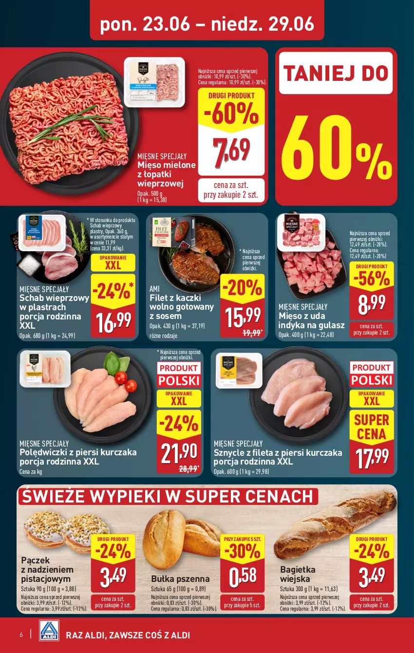 Gazetka promocyjna Aldi - Pełna oferta - ważna 23.06 do 29.06.2025 - strona 6 - produkty: Bagietka, Bułka, Kurczak, Mięsne specjały, Mięso, Mięso mielone, Mięso mielone z łopatki wieprzowej, Pączek, Por, Schab wieprzowy, Sos