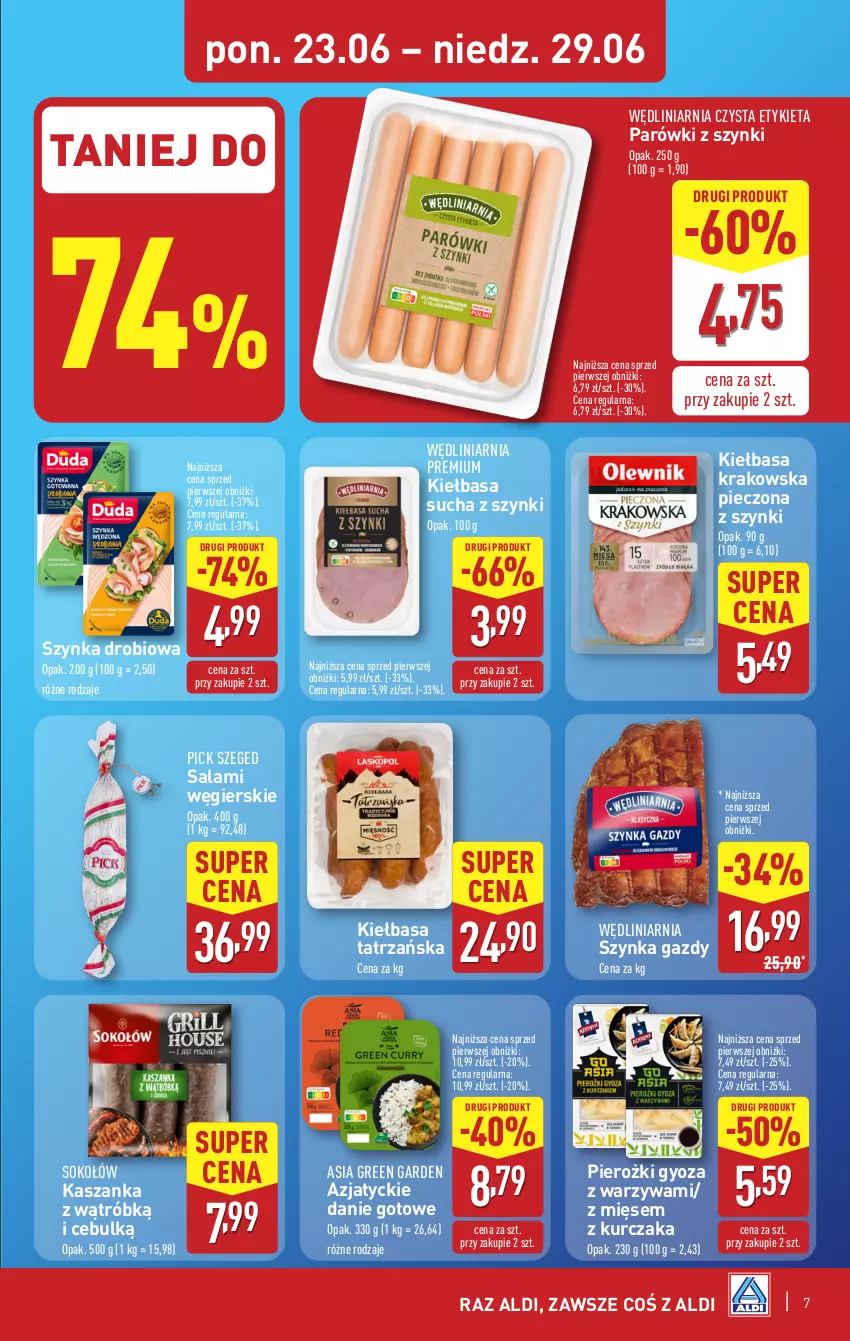 Gazetka promocyjna Aldi - Pełna oferta - ważna 23.06 do 29.06.2025 - strona 7 - produkty: Danie gotowe, Kasza, Kaszanka, Kiełbasa, Kiełbasa krakowska, Kurczak, Parówki, Parówki z szynki, Piec, Salami, Sok, Sokołów, Szynka, Warzywa