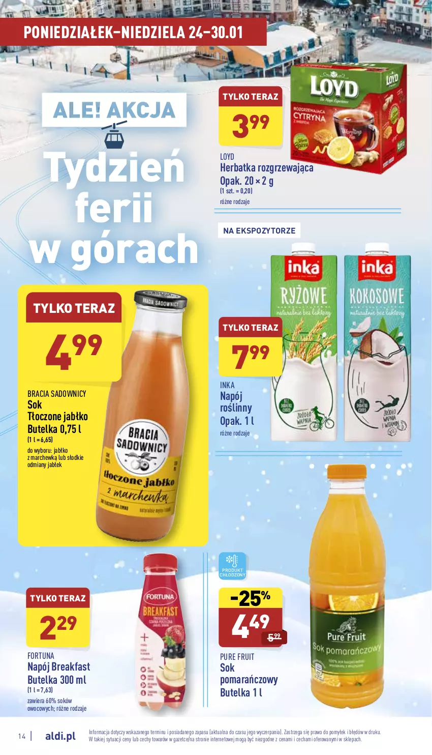 Gazetka promocyjna Aldi - Pełny katalog - ważna 24.01 do 30.01.2022 - strona 14 - produkty: Fa, Fortuna, Inka, Loyd, Napój, Napój roślinny, Pur, Sok, Sok pomarańczowy, Tera