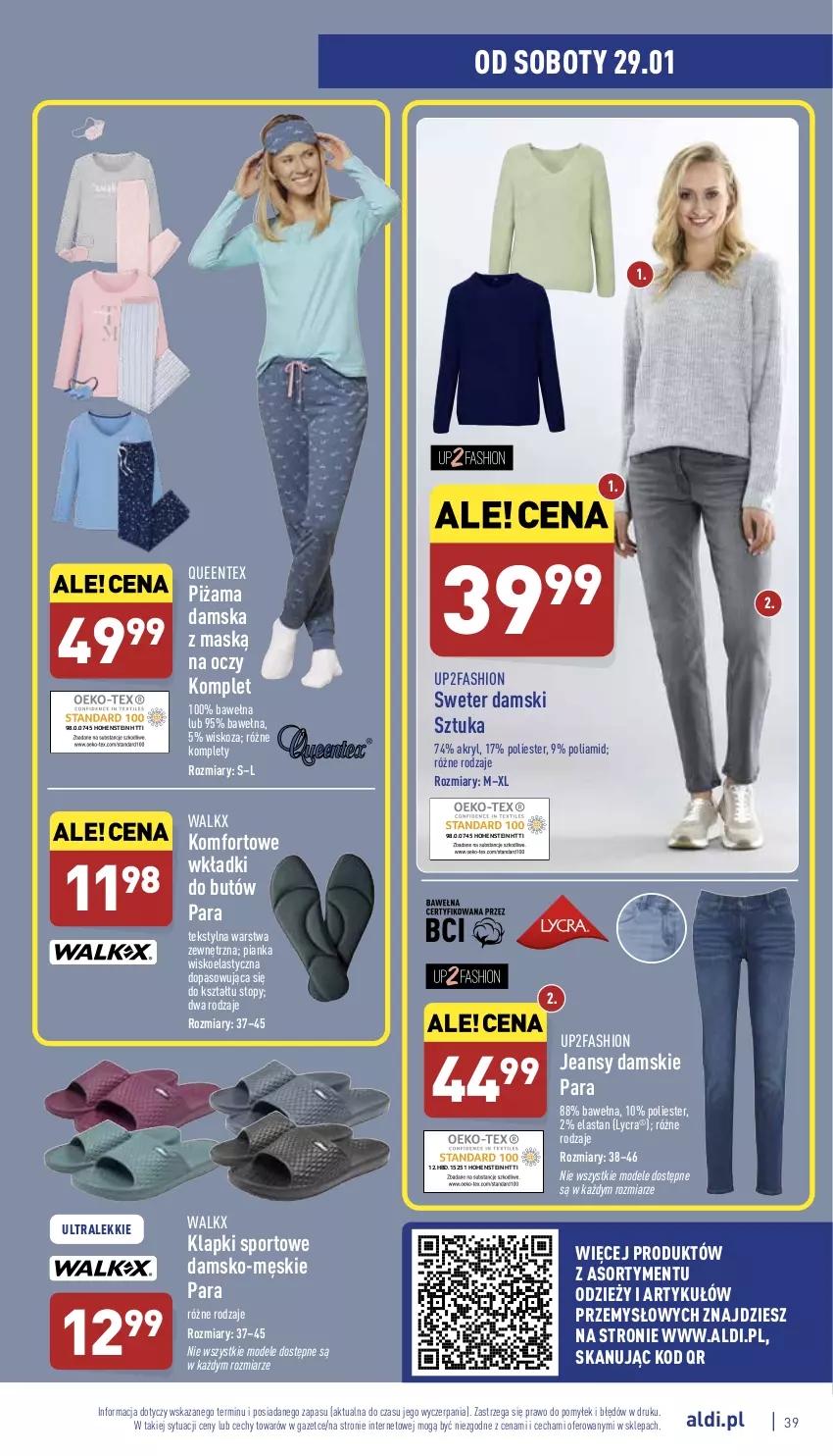 Gazetka promocyjna Aldi - Pełny katalog - ważna 24.01 do 30.01.2022 - strona 39 - produkty: Fa, Klapki, Piżama, Por, Queentex, Sport, Sweter, Top, Wełna, Wkładki