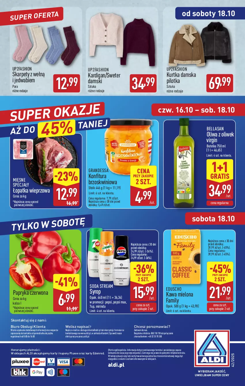 Gazetka promocyjna Aldi - Oferta weekendowa - ważna 16.10 do 18.10.2025 - strona 12 - produkty: 7up, Bell, Bella, Biuro, Fa, Gin, Gra, Kardigan, Karp, Kawa, Kawa mielona, Konfitura, Kurtka, Mięsne specjały, Mirinda, O nas, Oliwa z oliwek, Papryka, Papryka czerwona, Pepsi, Pepsi max, Por, Sweter, Syrop