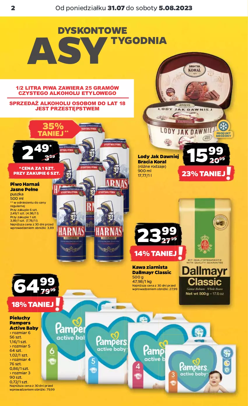 Gazetka promocyjna Netto - Artykuły spożywcze - ważna 31.07 do 05.08.2023 - strona 2 - produkty: Dallmayr, Gra, Harnaś, Kawa, Kawa ziarnista, Lody, Pampers, Pieluchy, Piwa, Piwo