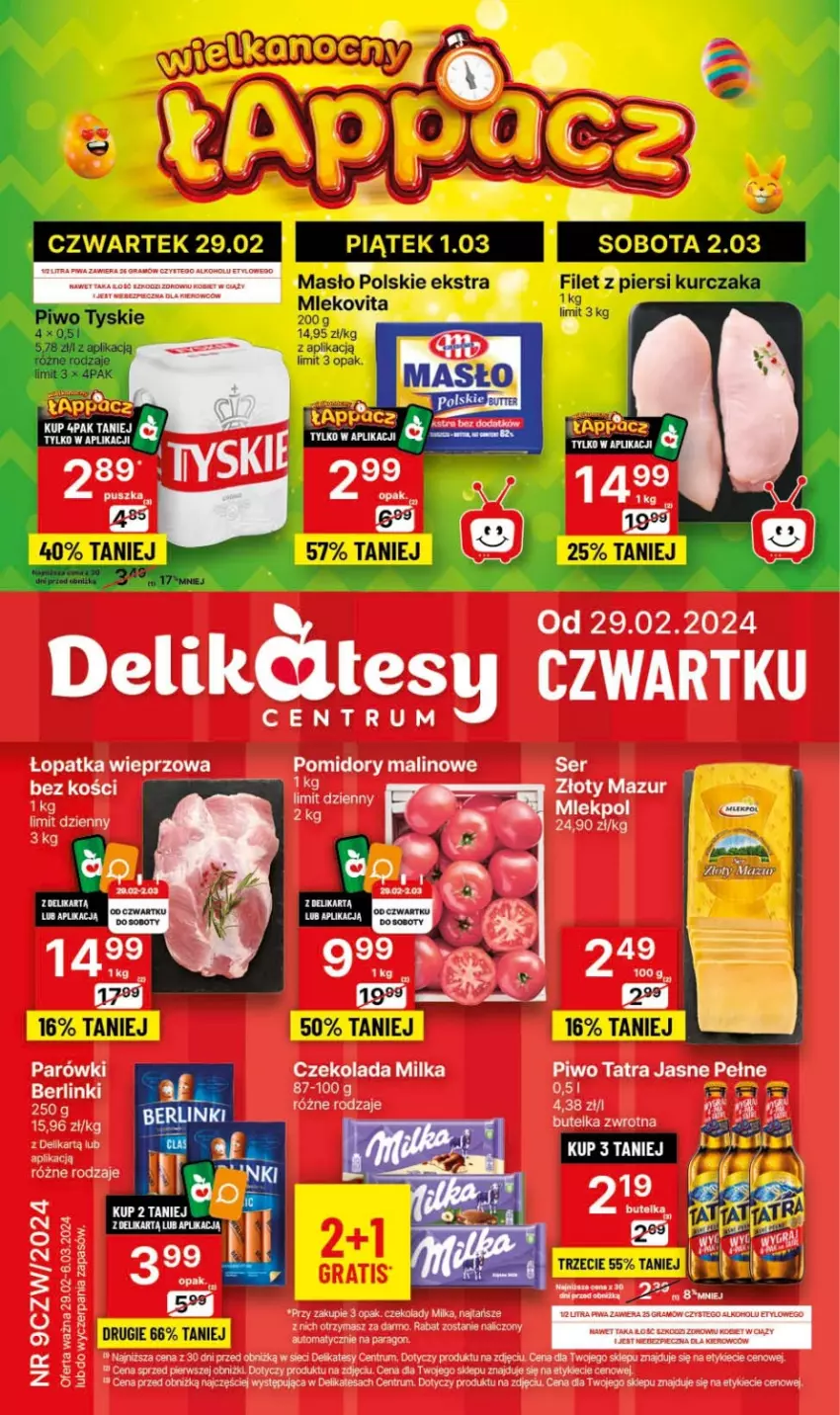 Gazetka promocyjna Delikatesy Centrum - NOWA GAZETKA Delikatesy Centrum od 29 lutego! 29.02-6.03.2024 - ważna 29.02 do 06.03.2024 - strona 1 - produkty: Czekolada, Kurczak, LG, Milka, Parówki, Piwo, Pomidory, Rum, Ser, Tatra, Złoty Mazur