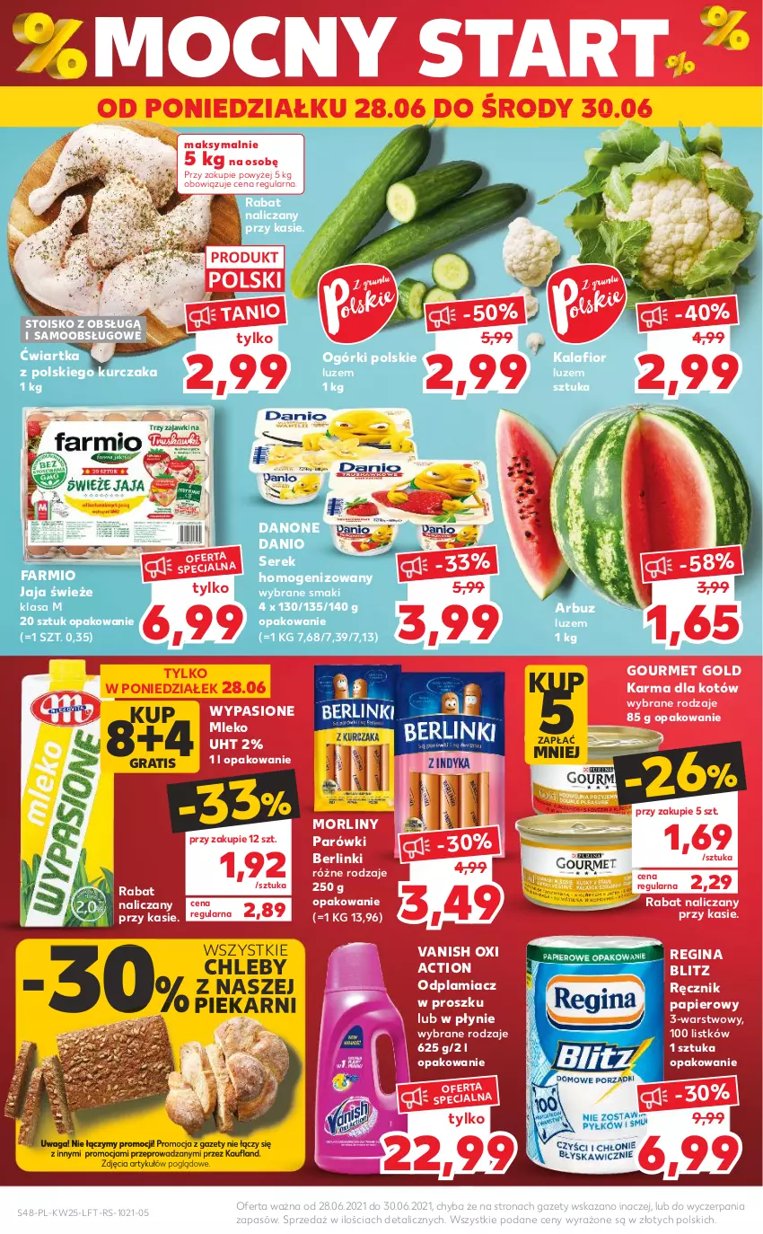 Gazetka promocyjna Kaufland - OFERTA TYGODNIA - ważna 24.06 do 30.06.2021 - strona 48 - produkty: Arbuz, Berlinki, Chleb, Danio, Danone, Fa, Gin, Gourmet Gold, Gra, Jaja, Kalafior, Kurczak, Mleko, Morliny, Odplamiacz, Papier, Parówki, Ręcznik, Ser, Serek, Serek homogenizowany, Vanish, Waga