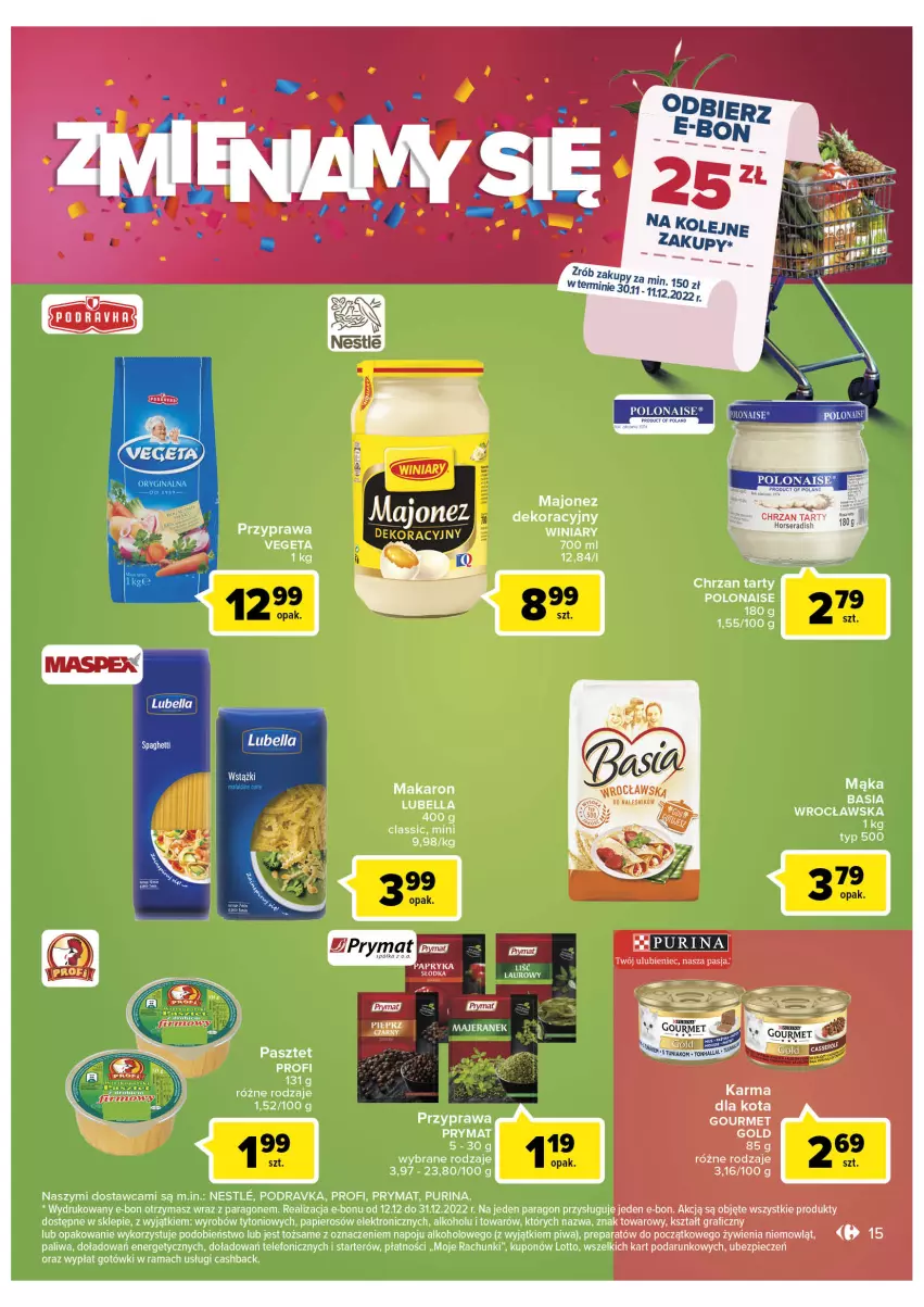 Gazetka promocyjna Carrefour - Gazetka Zyskokazje w Galerii Bemowo - ważna 30.11 do 05.12.2022 - strona 17 - produkty: Basia, Bell, Bella, Chrzan, Gourmet Gold, Gra, LG, Lubella, Majonez, Mąka, Makaron, Papier, Pasztet, Piec, Pieprz, Piwa, Podravka, Półka, Prymat, Pur, Purina, Rama, Ser, Telefon