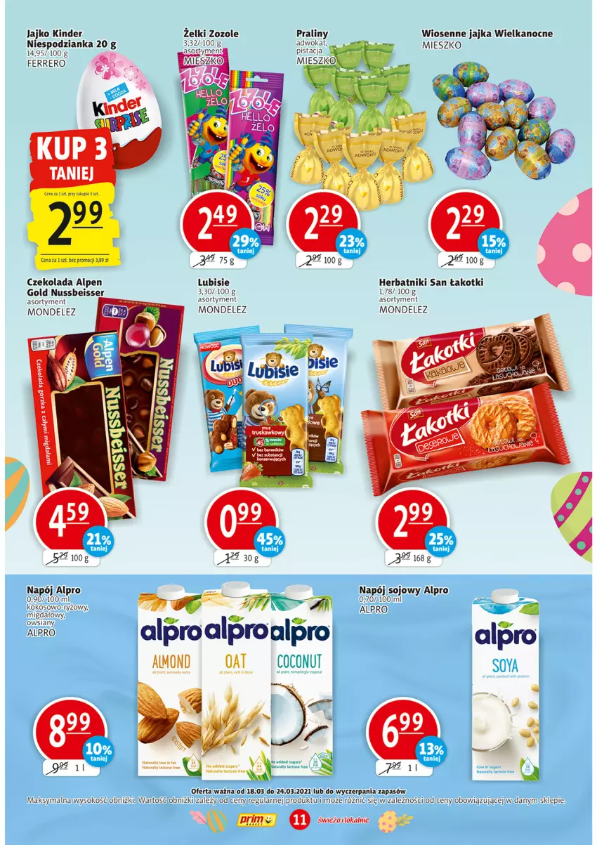 Gazetka promocyjna Prim Market - Gazetka - ważna 18.03 do 24.03.2021 - strona 11 - produkty: Alpro, Czekolada, Ferrero, Herbatniki, Kinder, Kokos, Lubisie, Napój, Praliny, Ryż, Ser, Sok