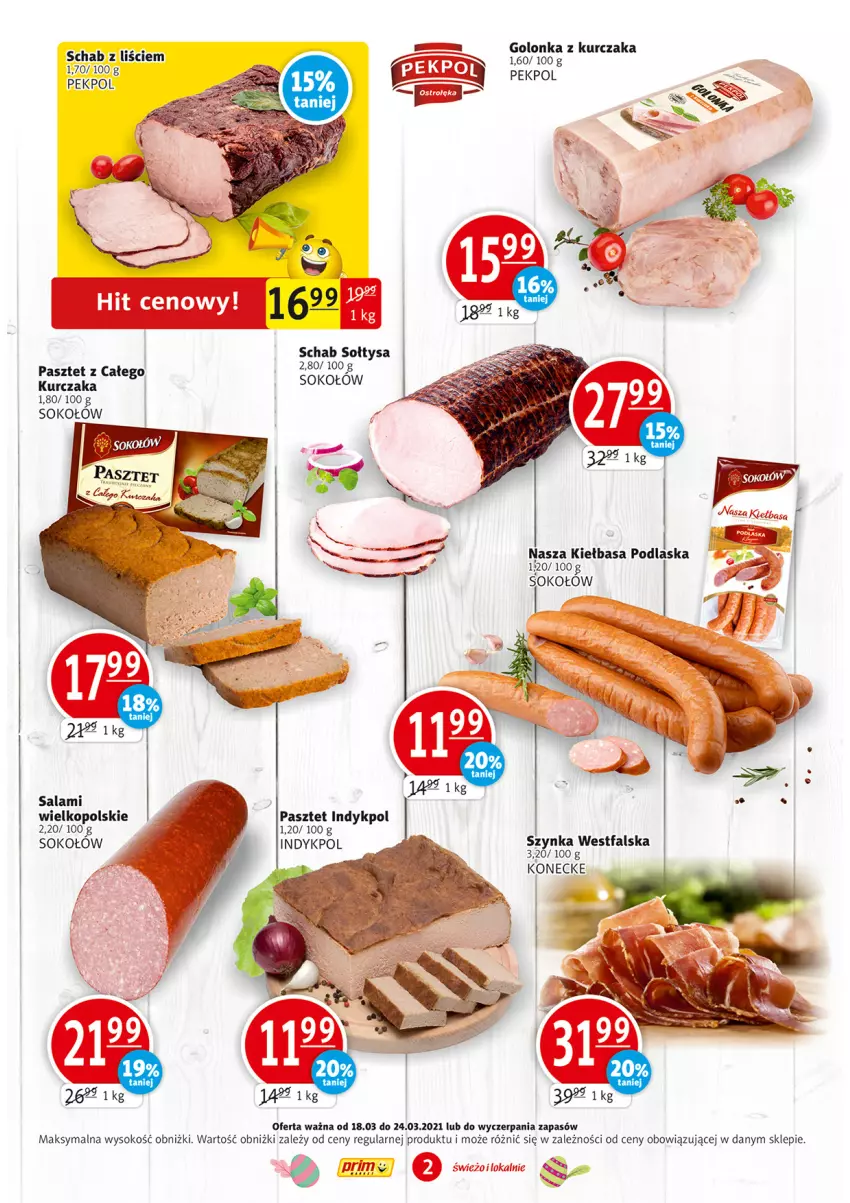 Gazetka promocyjna Prim Market - Gazetka - ważna 18.03 do 24.03.2021 - strona 2 - produkty: Fa, Kiełbasa, Kurczak, Pasztet, Pekpol, Sok, Sokołów, Szynka