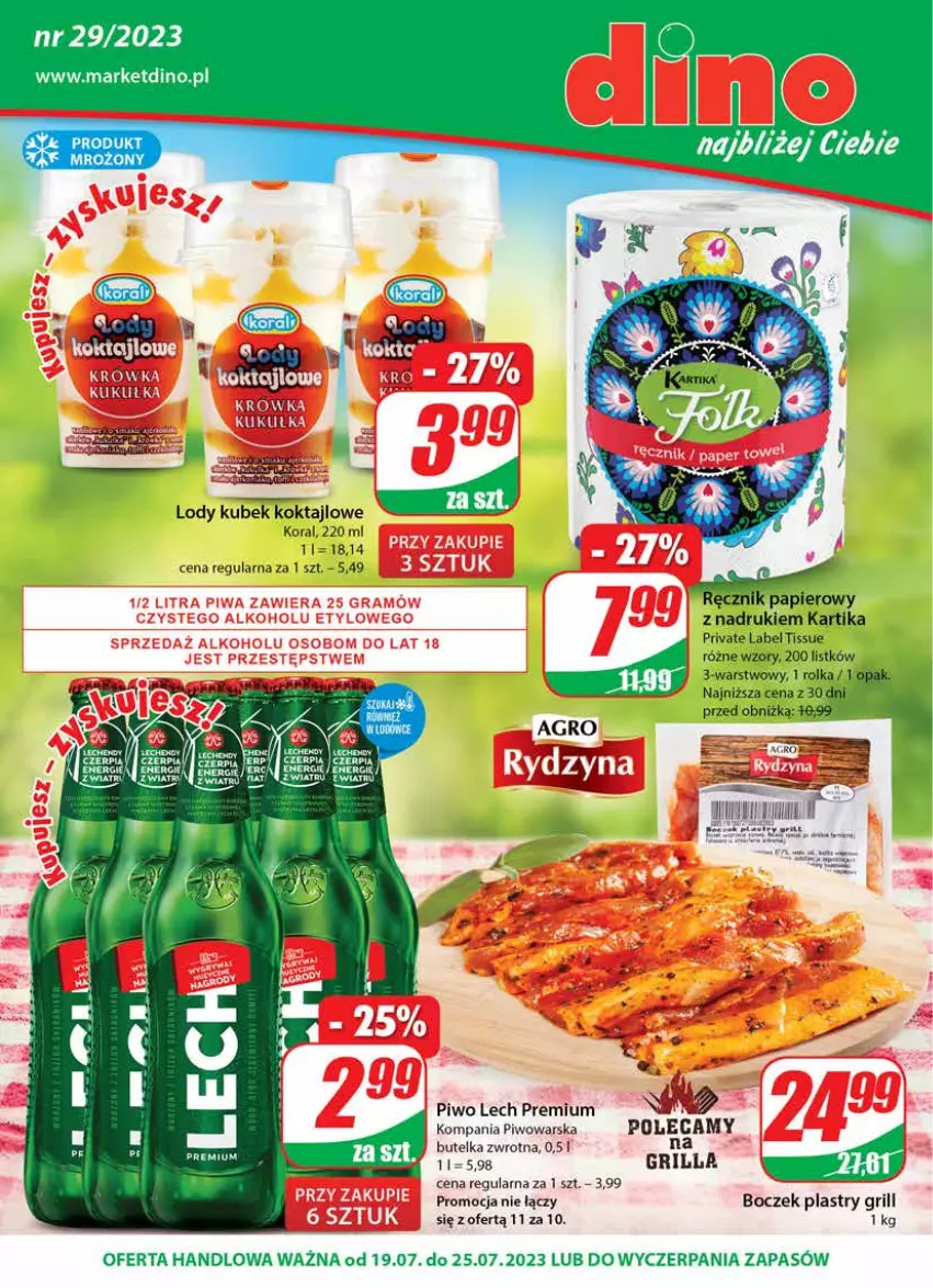 Gazetka promocyjna Dino - G29 - ważna 19.07 do 25.07.2023 - strona 1 - produkty: Boczek, Fa, Gra, Grill, Kubek, Lech Premium, Lody, Papier, Piwa, Piwo, Ręcznik