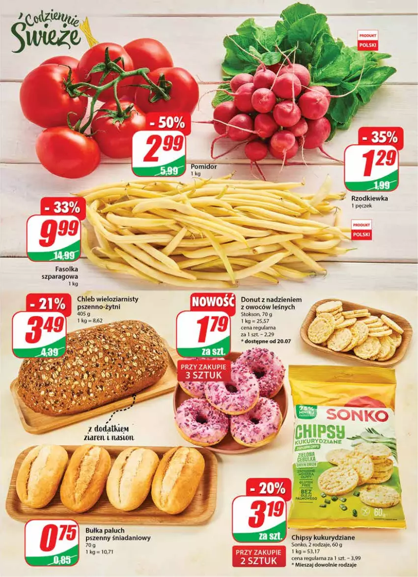 Gazetka promocyjna Dino - G29 - ważna 19.07 do 25.07.2023 - strona 13 - produkty: Bułka, Chipsy, Chleb, Chleb wieloziarnisty, Danio, Donut, Fa, Rzodkiewka, Sonko