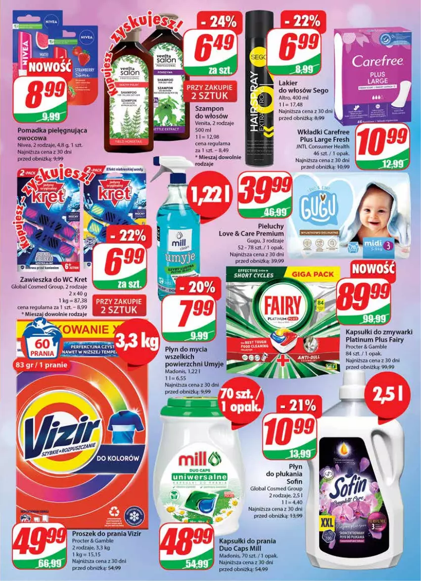 Gazetka promocyjna Dino - G29 - ważna 19.07 do 25.07.2023 - strona 23 - produkty: Carefree, Fa, Fairy, Kapsułki do prania, Kret, Lakier, Lakier do włosów, Nivea, Pieluchy, Płyn do mycia, Proszek do prania, Szampon, Vizir, Wkładki, Zawieszka do wc, Zmywarki