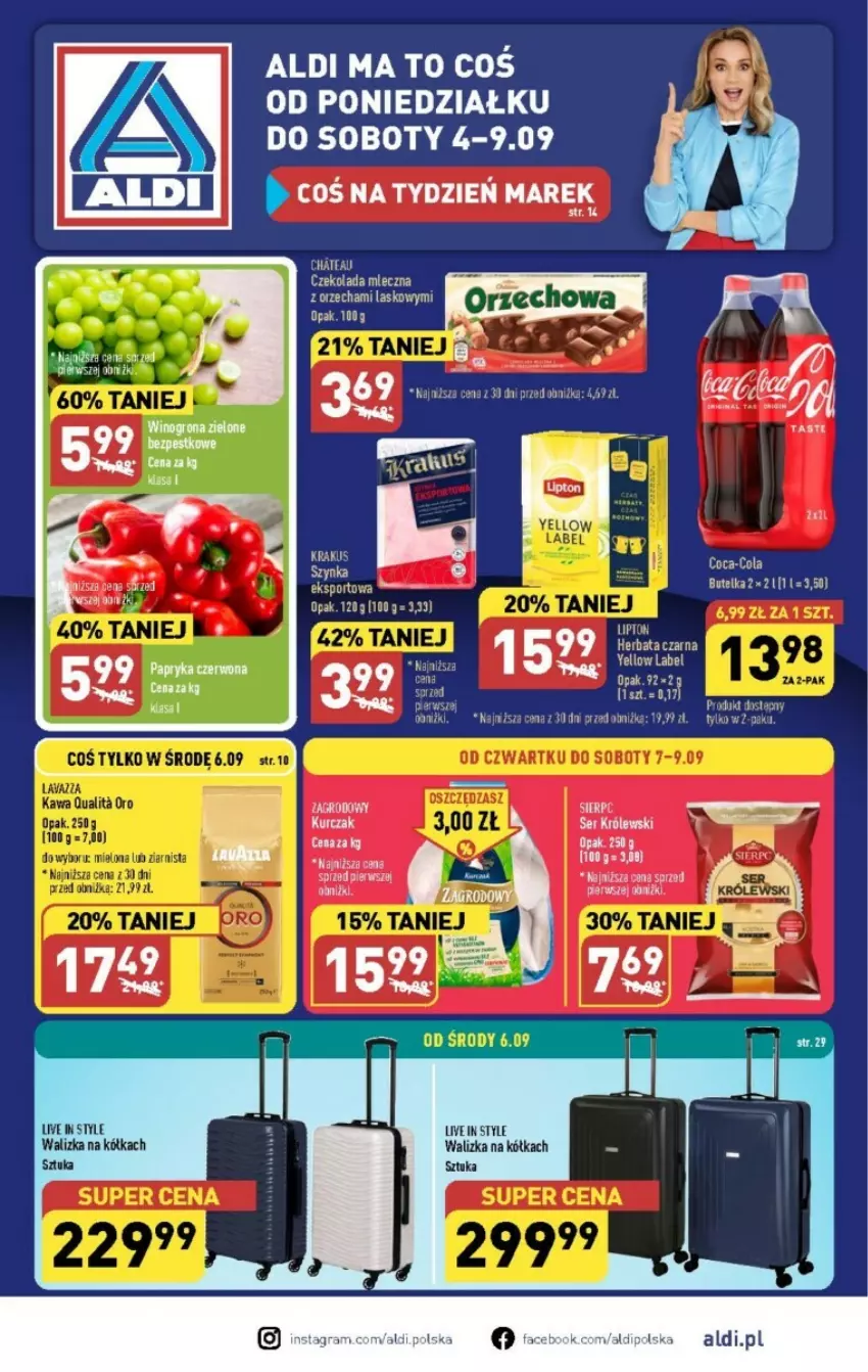 Gazetka promocyjna Aldi - ważna 04.09 do 09.09.2023 - strona 1 - produkty: Królewski, Papryka, Papryka czerwona, Ser, Walizka, Wino, Winogrona