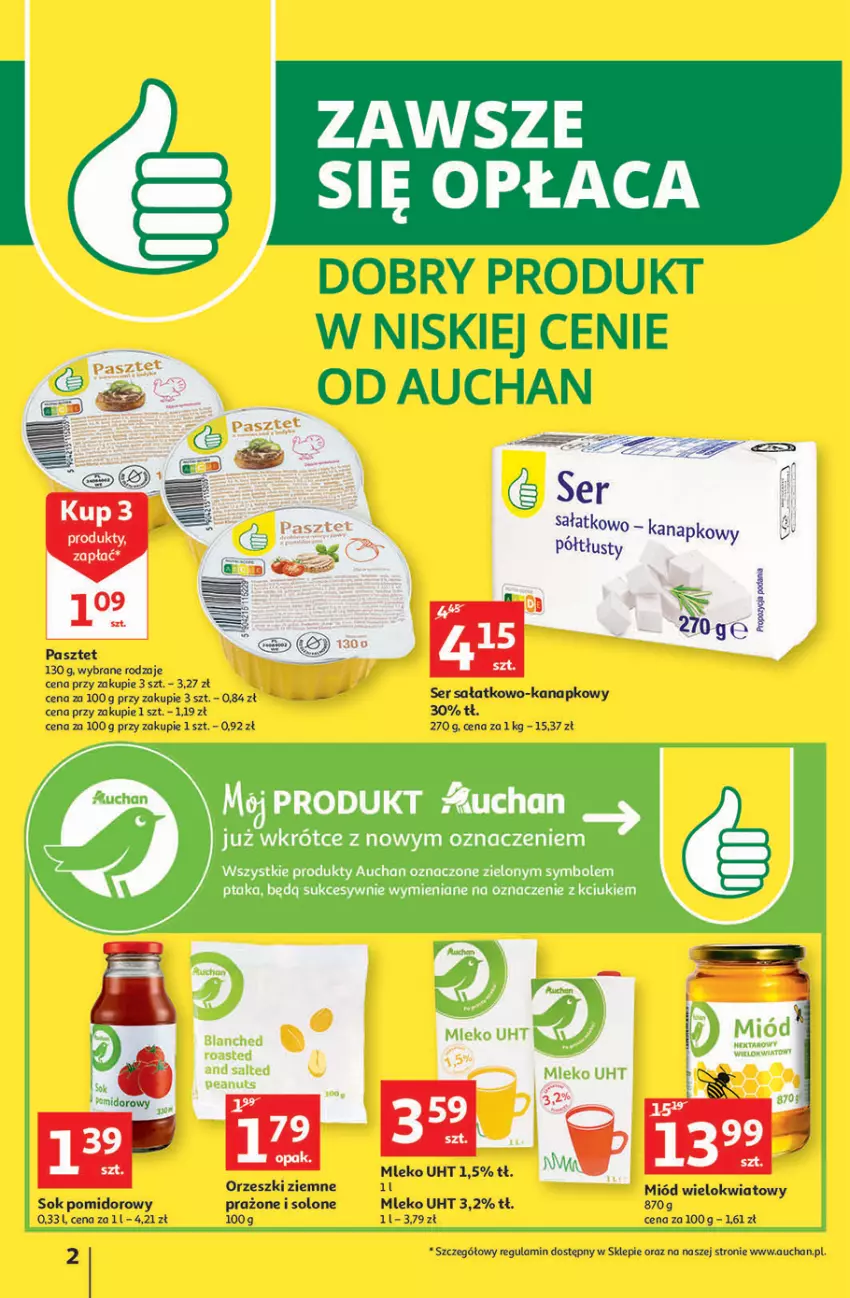 Gazetka promocyjna Auchan - Gazetka przeNISKIE CENY – Przekorzyści cenowe Supermarkety - ważna 22.09 do 28.09.2022 - strona 2 - produkty: Miód, Mleko, Orzeszki, Orzeszki ziemne, Pasztet, Sałat, Ser, Ser sałatkowo-kanapkowy, Sok, Sok pomidorowy