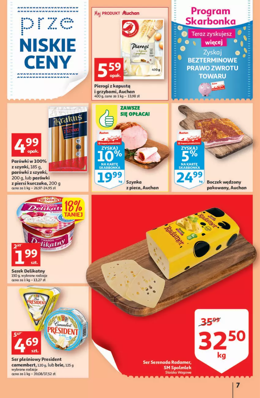 Gazetka promocyjna Auchan - Gazetka przeNISKIE CENY – Przekorzyści cenowe Supermarkety - ważna 22.09 do 28.09.2022 - strona 7 - produkty: Brie, Camembert, Kapustą, Kurczak, Parówki, Parówki z piersi kurczaka, Parówki z szynki, Piec, Pierogi, Ser, Ser pleśniowy, Serek