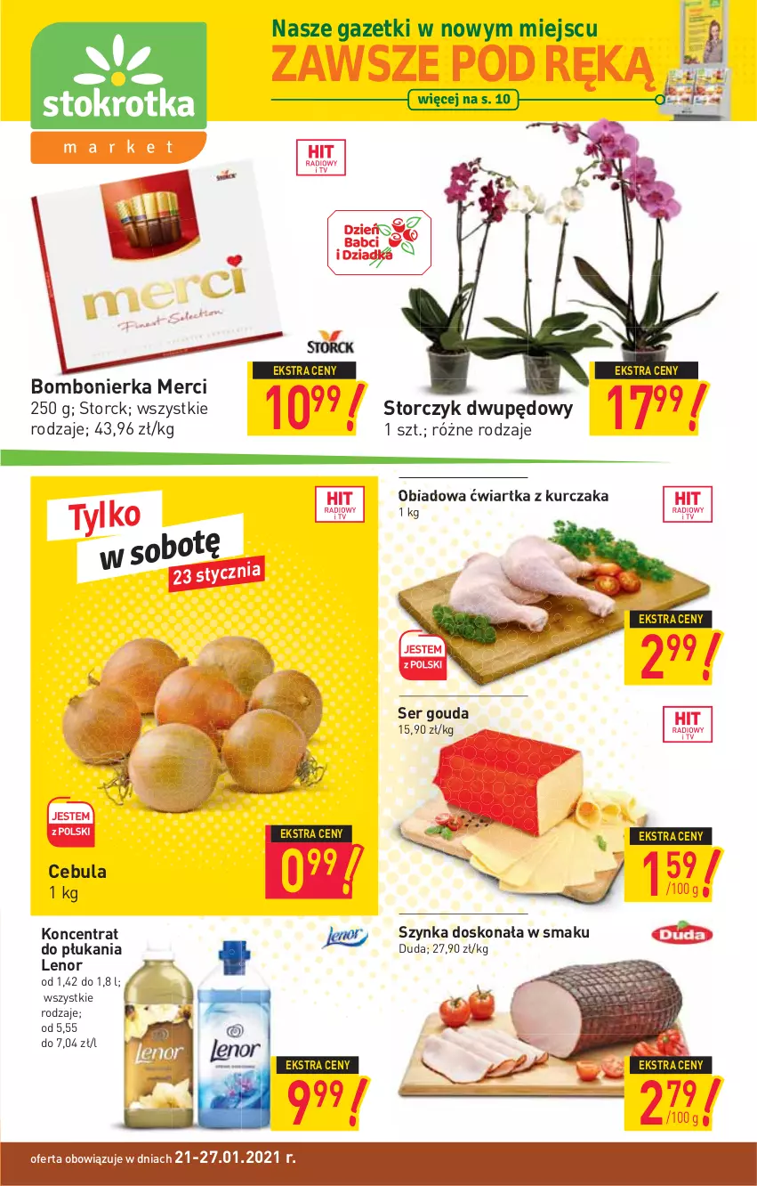 Gazetka promocyjna Stokrotka - Market - ważna 21.01 do 27.01.2021 - strona 1 - produkty: Cebula, Duda, Gin, Gouda, Kurczak, Lenor, Merci, Ser, Storczyk, Szynka