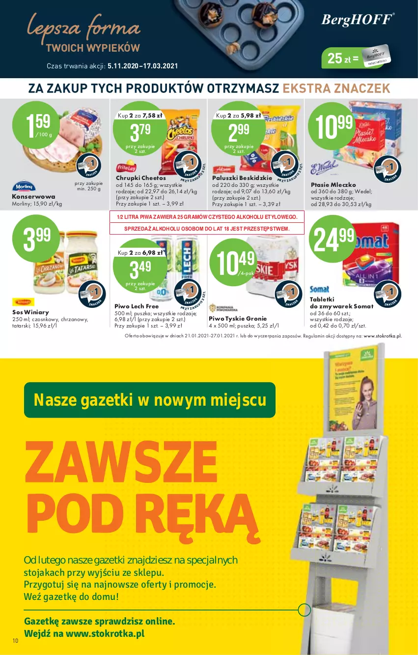 Gazetka promocyjna Stokrotka - Market - ważna 21.01 do 27.01.2021 - strona 10 - produkty: Beskidzki, Cheetos, Chrupki, Chrzan, Gra, Mleczko, Morliny, O nas, Piwa, Piwo, Ptasie mleczko, Ser, Somat, Sos, Tablet, Tyskie, Winiary