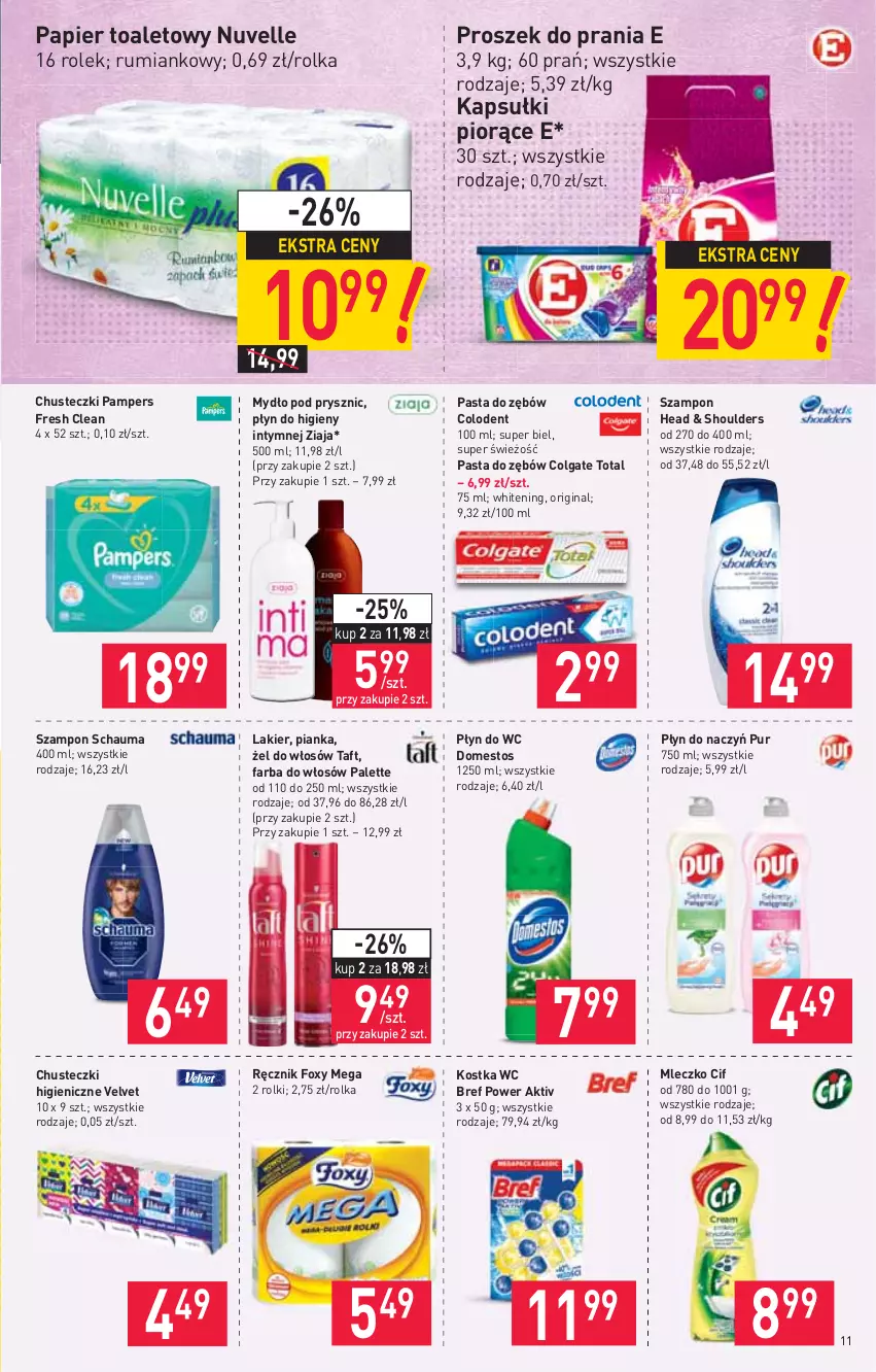 Gazetka promocyjna Stokrotka - Market - ważna 21.01 do 27.01.2021 - strona 11 - produkty: Bref, Chusteczki, Cif, Colgate, Colgate Total, Domestos, Fa, Farba do włosów, Foxy, Gin, Lakier, LG, Mleczko, Mydło, Palette, Pampers, Papier, Papier toaletowy, Pasta do zębów, Płyn do higieny intymnej, Płyn do wc, Proszek do prania, Pur, Ręcznik, Rolki, Rum, Schauma, Szampon, Taft, Velvet, Ziaja