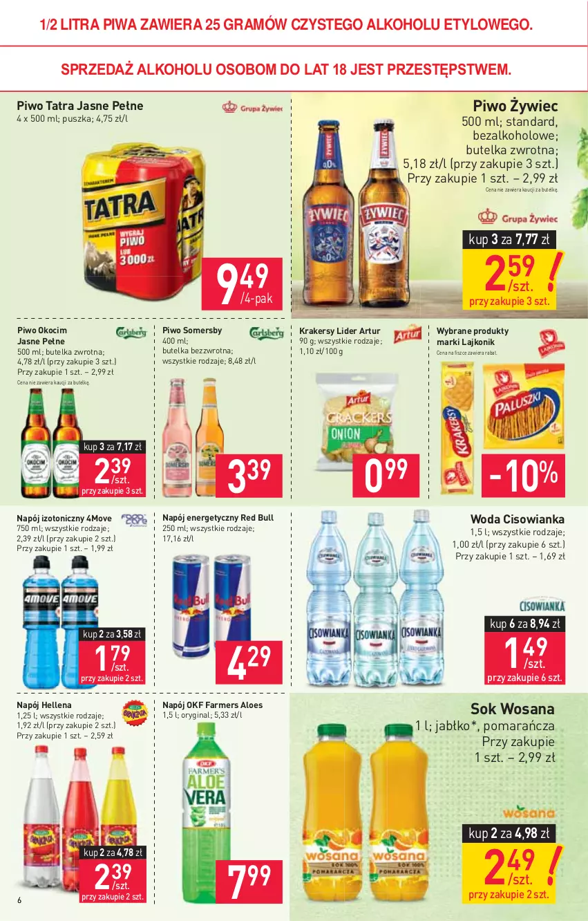 Gazetka promocyjna Stokrotka - Market - ważna 21.01 do 27.01.2021 - strona 6 - produkty: Artur, Cisowianka, Fa, Farmers Aloes, Gin, Gra, Hellena, Koc, Krakersy, Lajkonik, Napój, Napój energetyczny, Napój izotoniczny, Okocim, Piwa, Piwo, Red Bull, Sok, Somersby, Tatra, Woda, Wosana